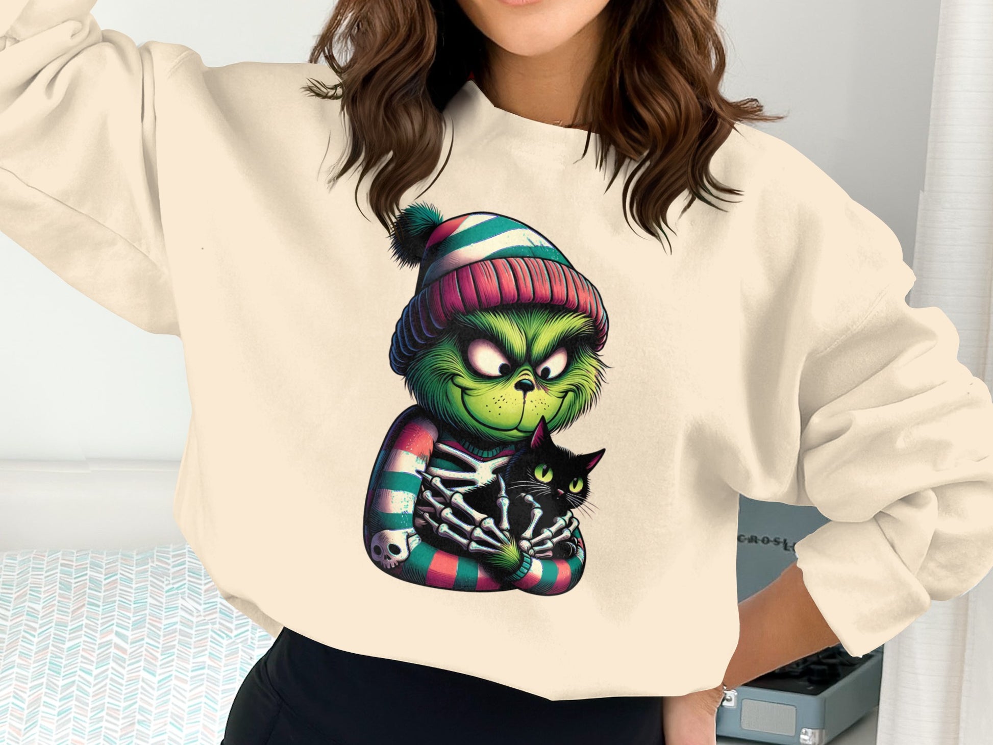 Cozy Winter Grinch and Cat Graphic Sweatshirt product type
