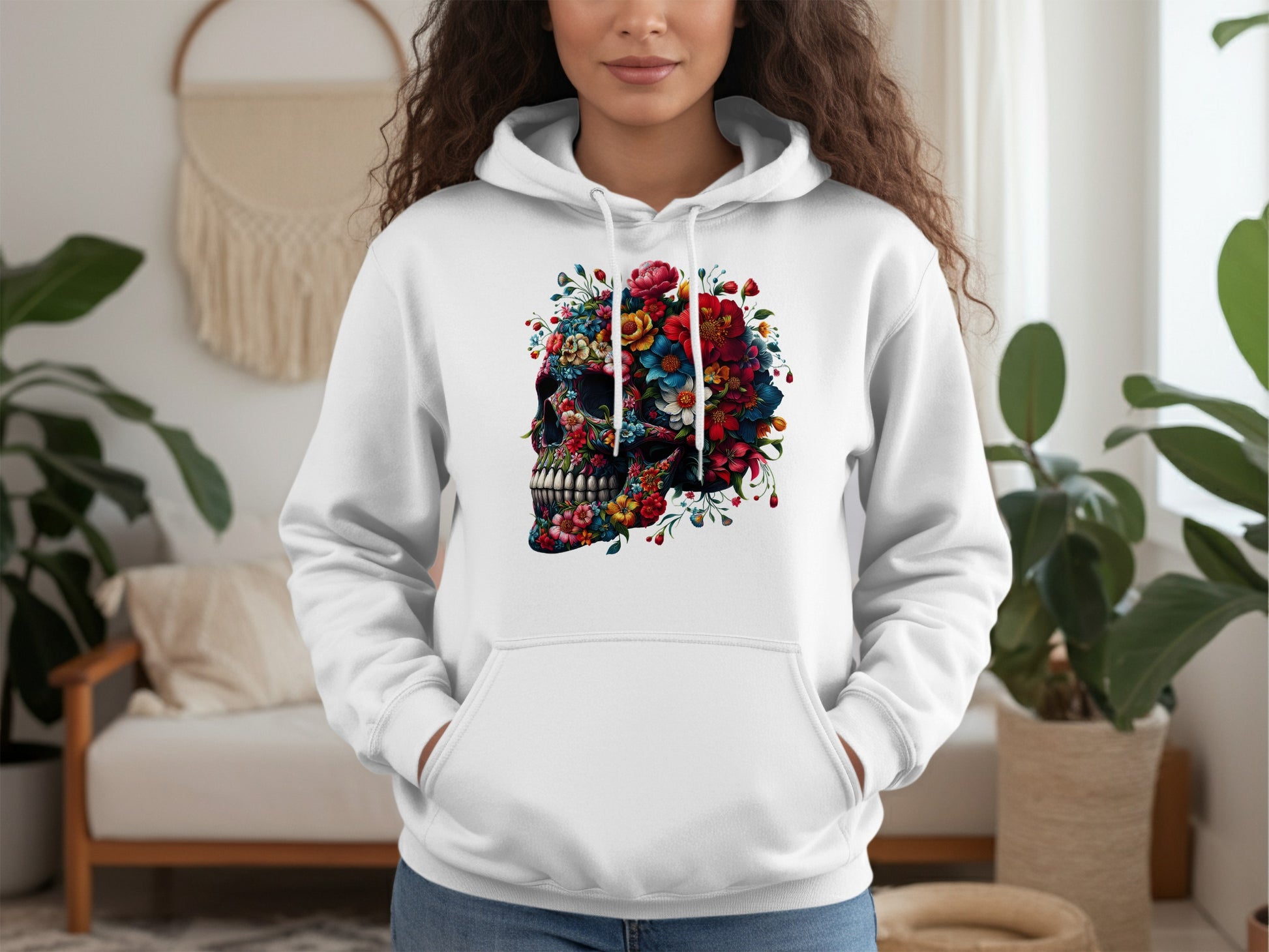 Floral Skull Graphic Design on White Hoodie product