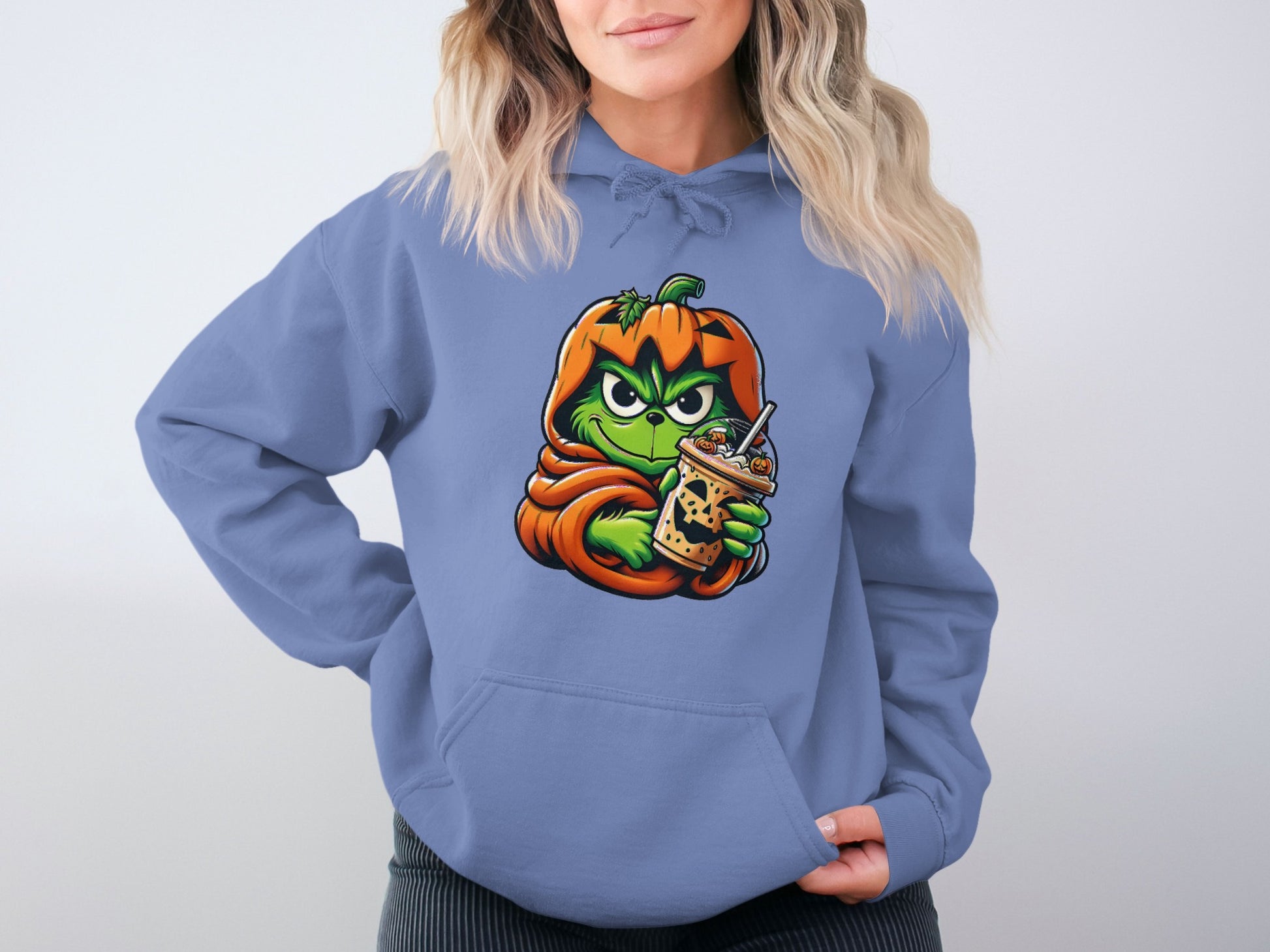 Pumpkin Grinch Holding Drink Graphic Blue Hoodie product type