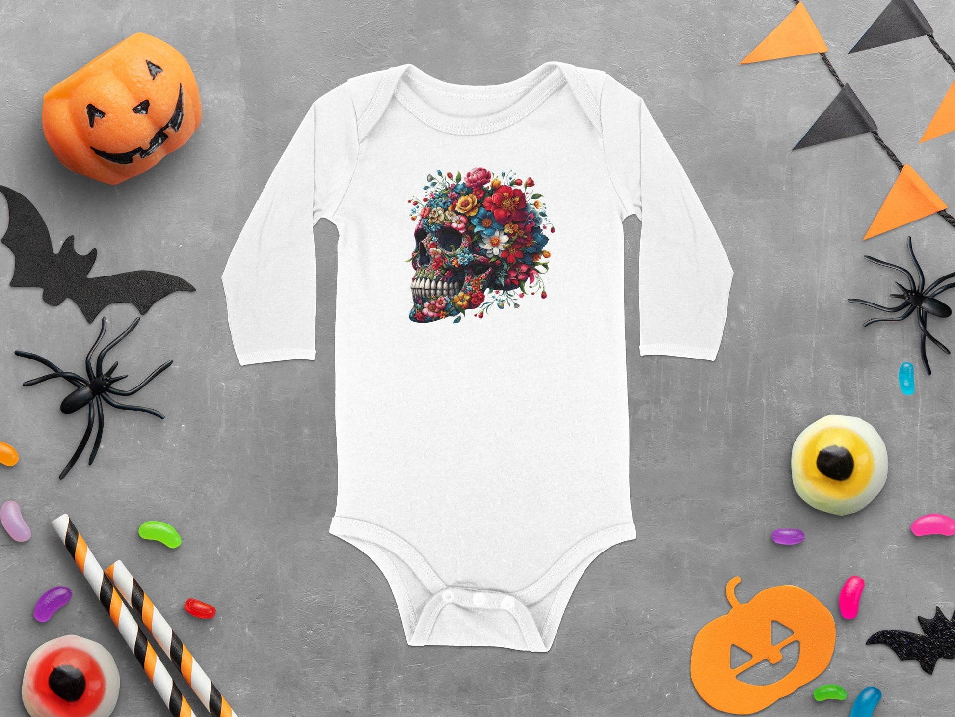 Festive Skull Printed Long Sleeve Baby Bodysuit product type