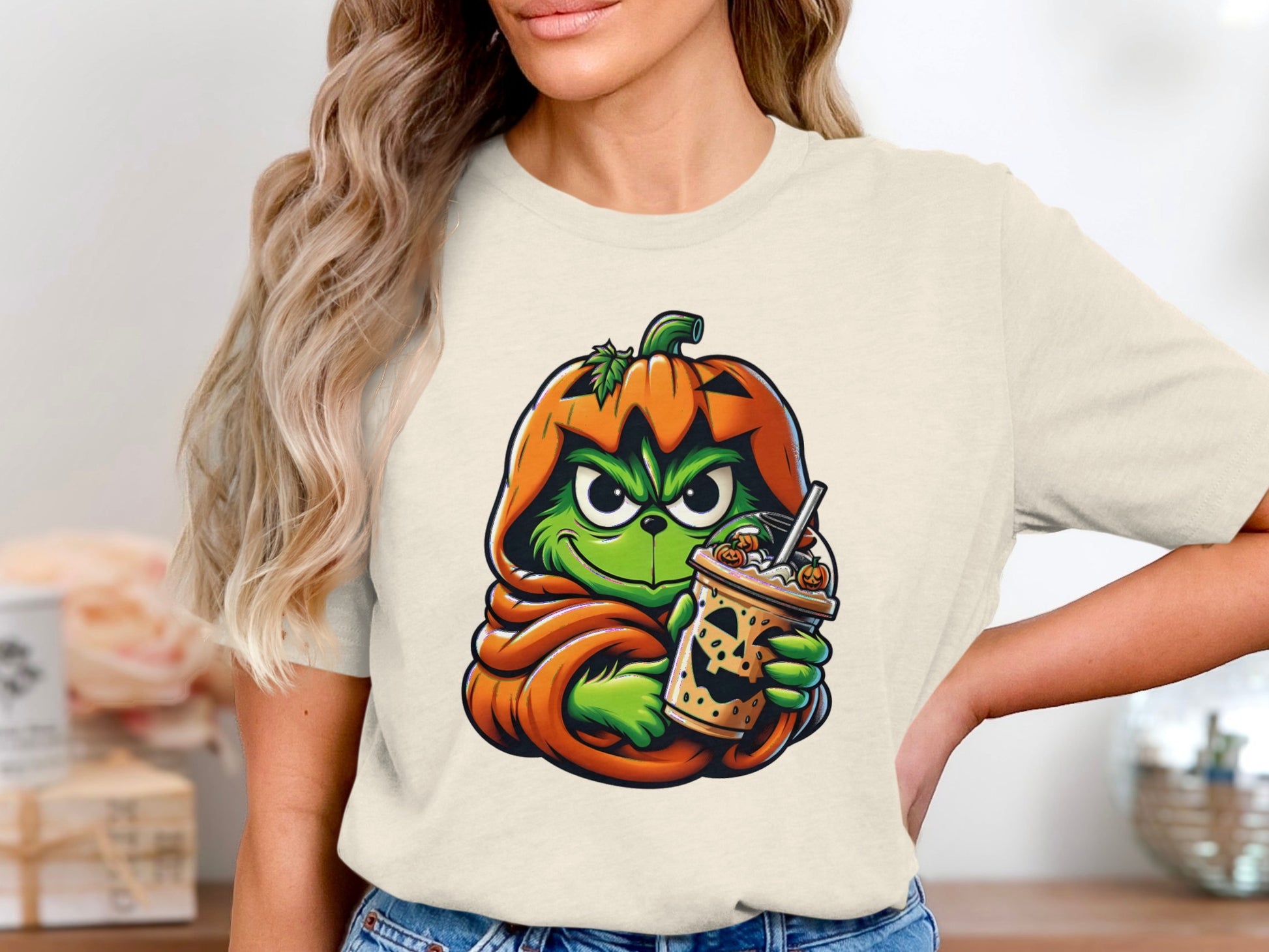 Trendy Grinch Character Holding Drink T-shirt product