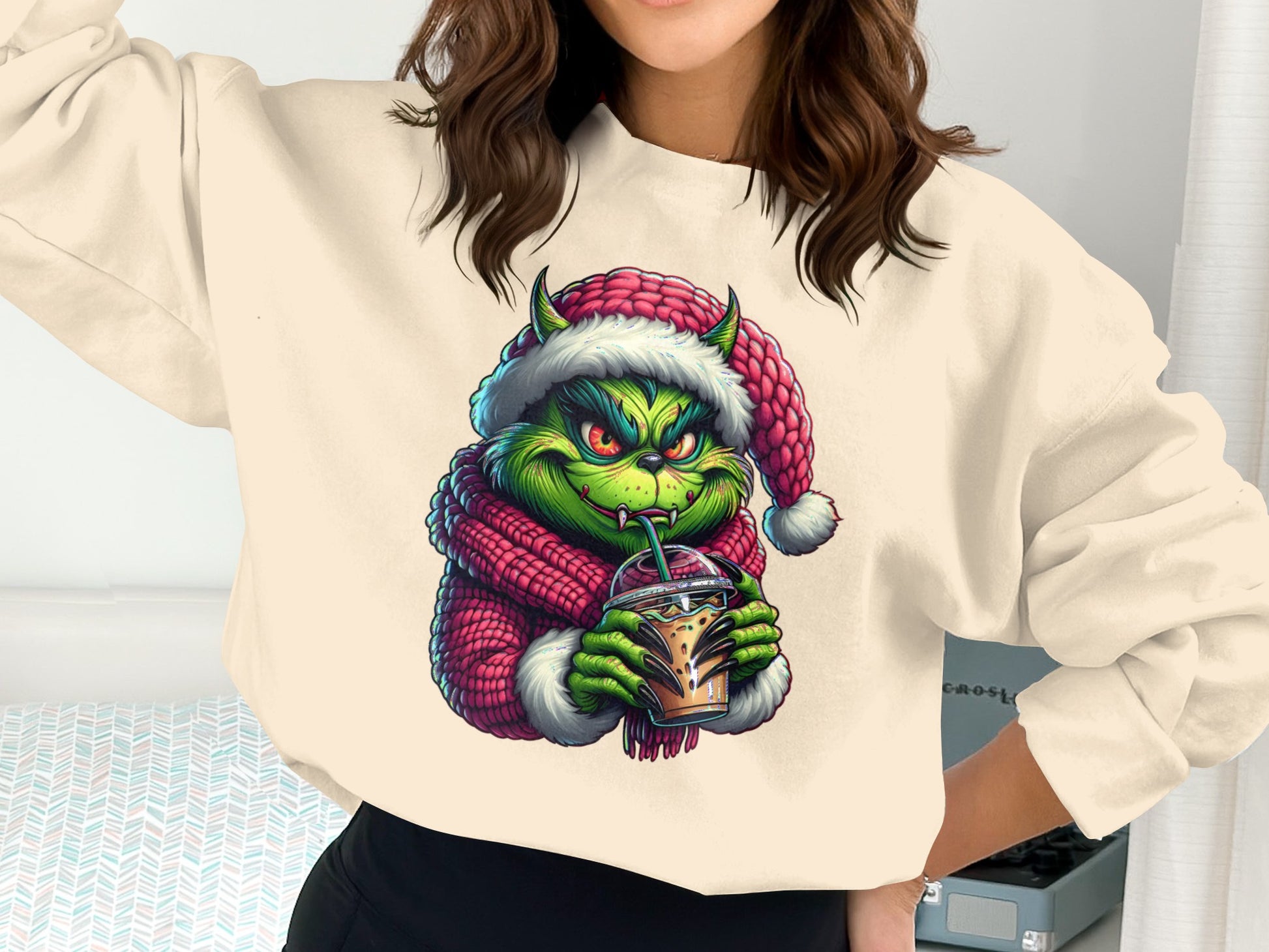 Funny Green Character in Santa Hat on Cream Sweatshirt Product