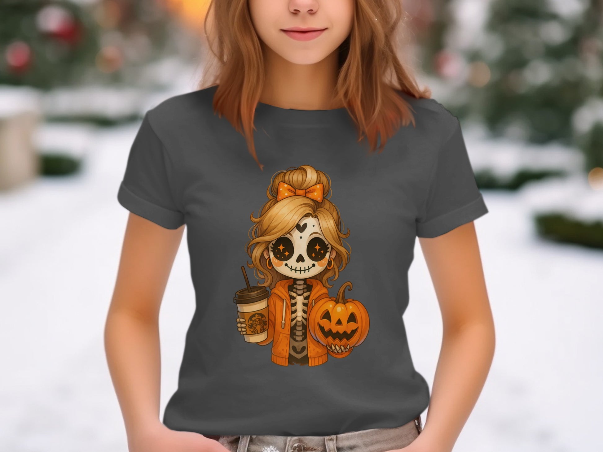 Halloween Girl with Coffee and Pumpkin T-Shirt product type