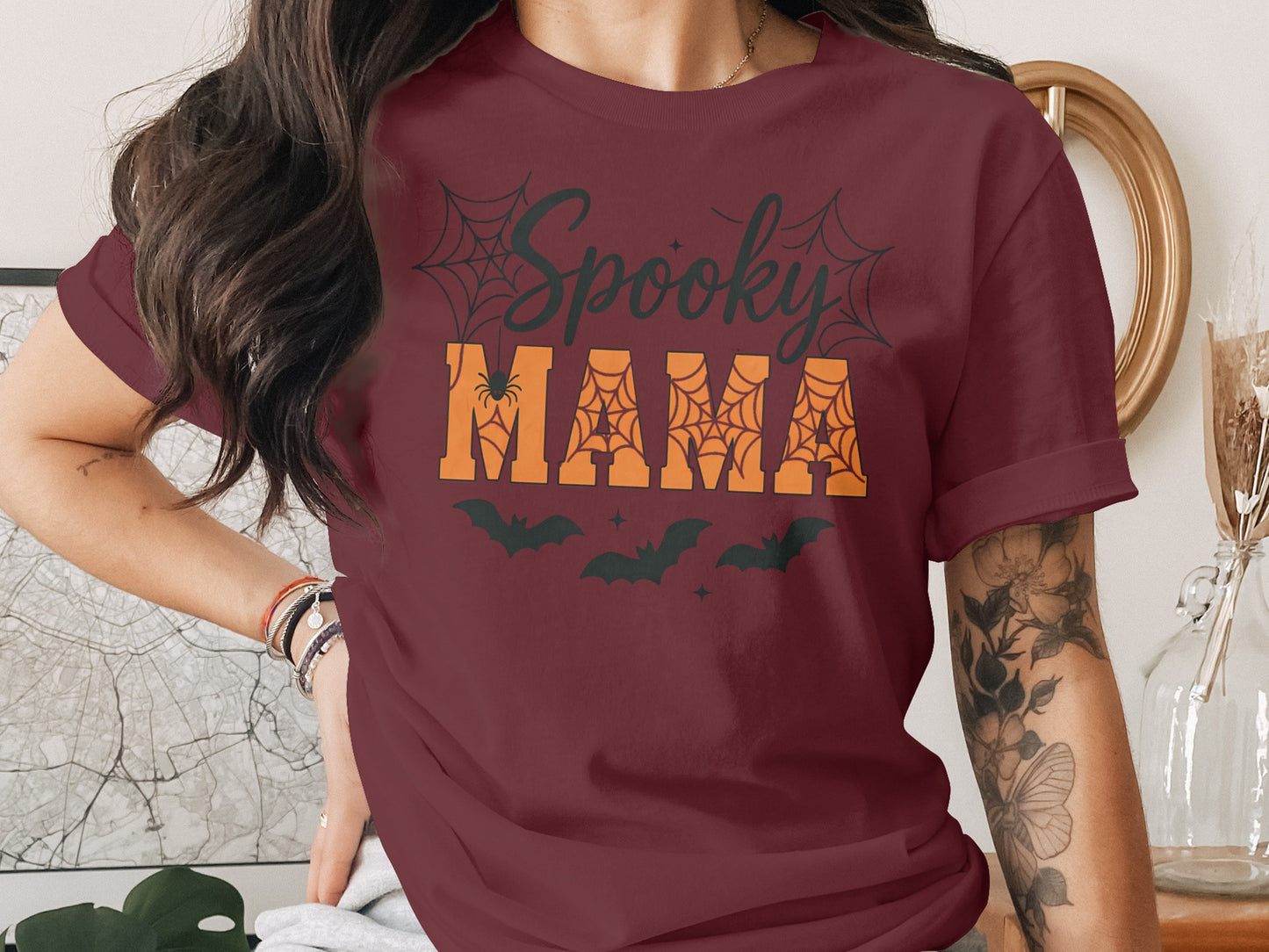 Spooky Mama Spiderweb Bats Halloween T-Shirt | Cozy Fall Outfit