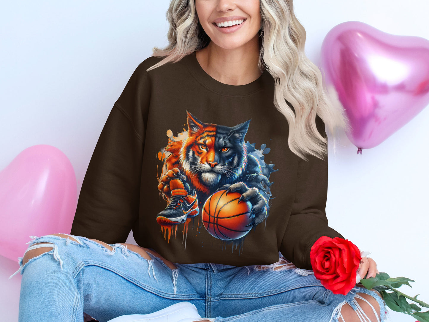 Fierce Tiger and Playful Cat Basketball Sweatshirt product
