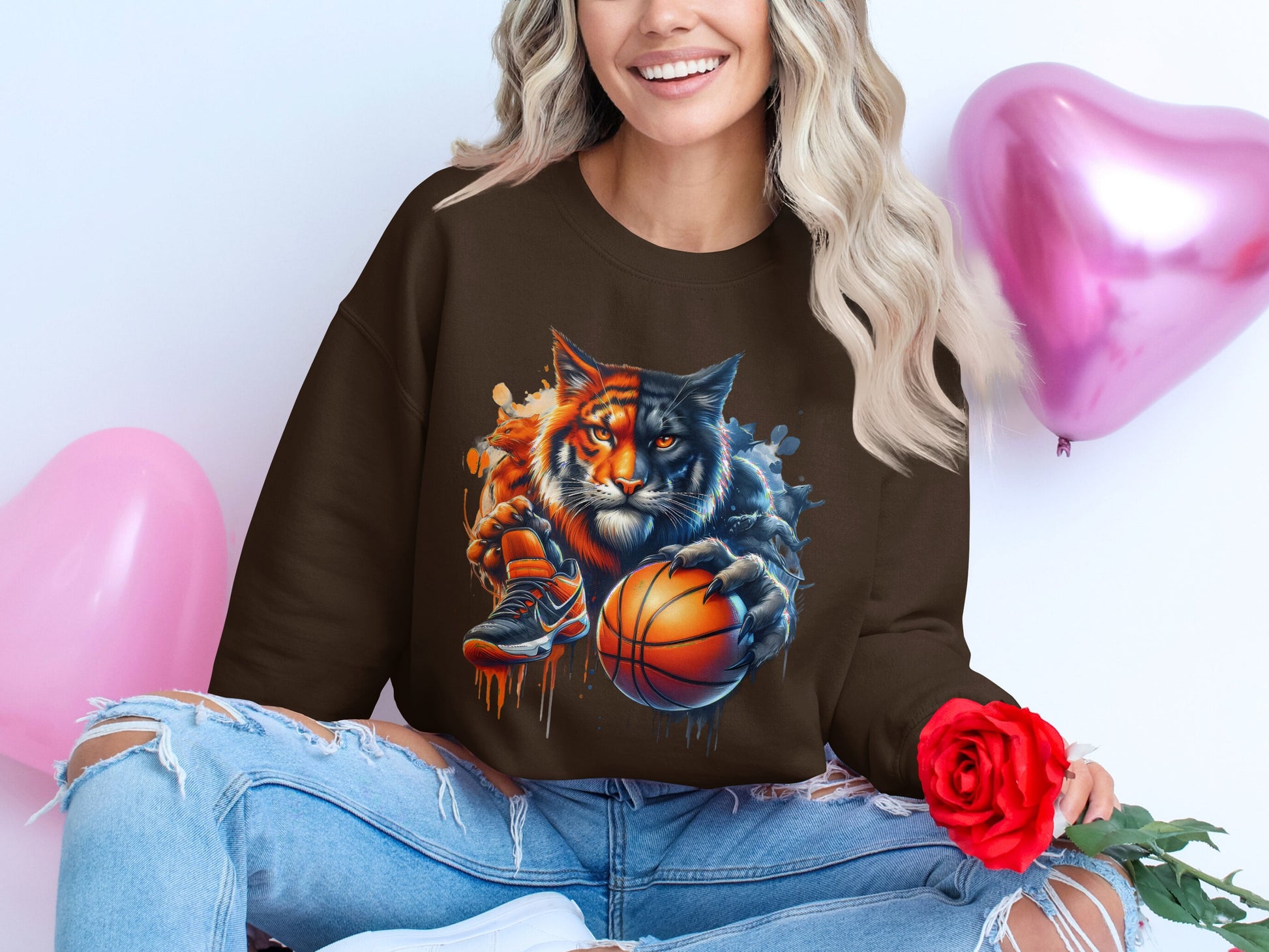 Fierce Tiger and Playful Cat Basketball Sweatshirt product