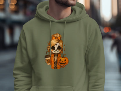 Festive Skeleton Girl Holding Pumpkin Hoodie product
