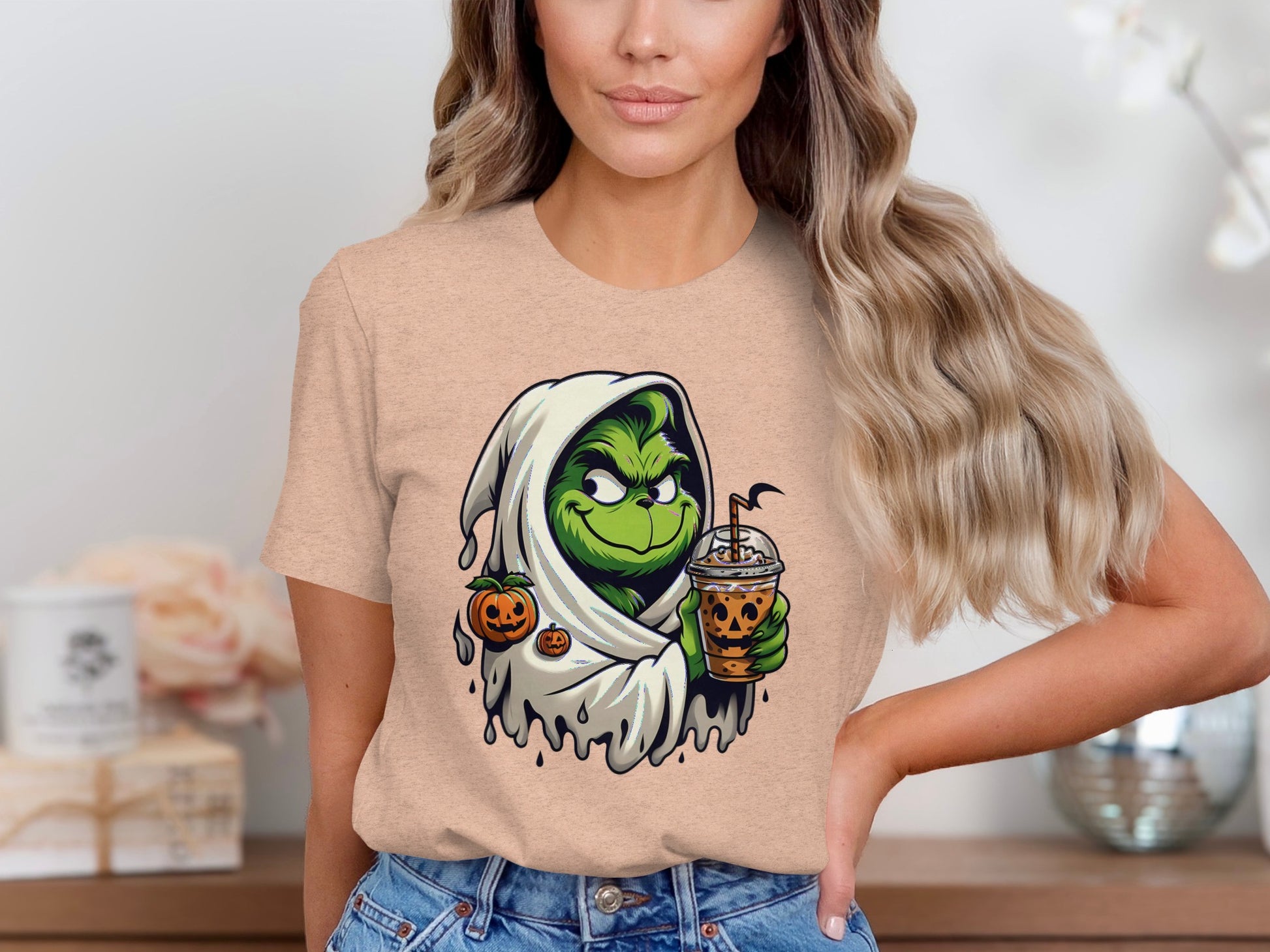 Grinch Halloween Ghost Holding Pumpkin Cup T-shirt product