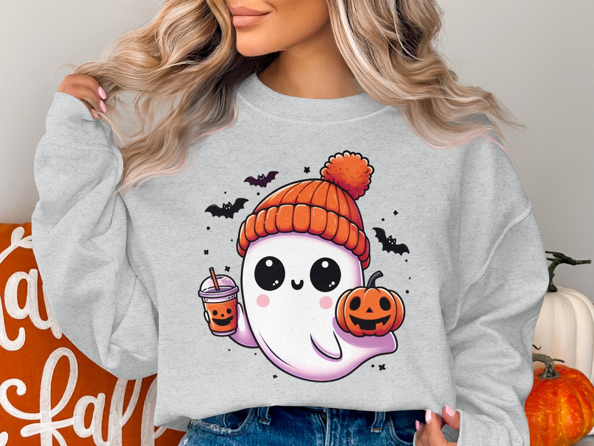 Cute Ghost Halloween Sweatshirt with Pumpkin Drink product type