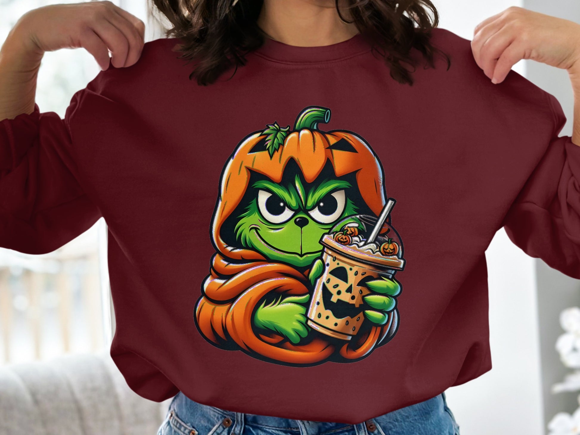 Cute Pumpkin Grinch Holding Halloween Drink Shirt product type