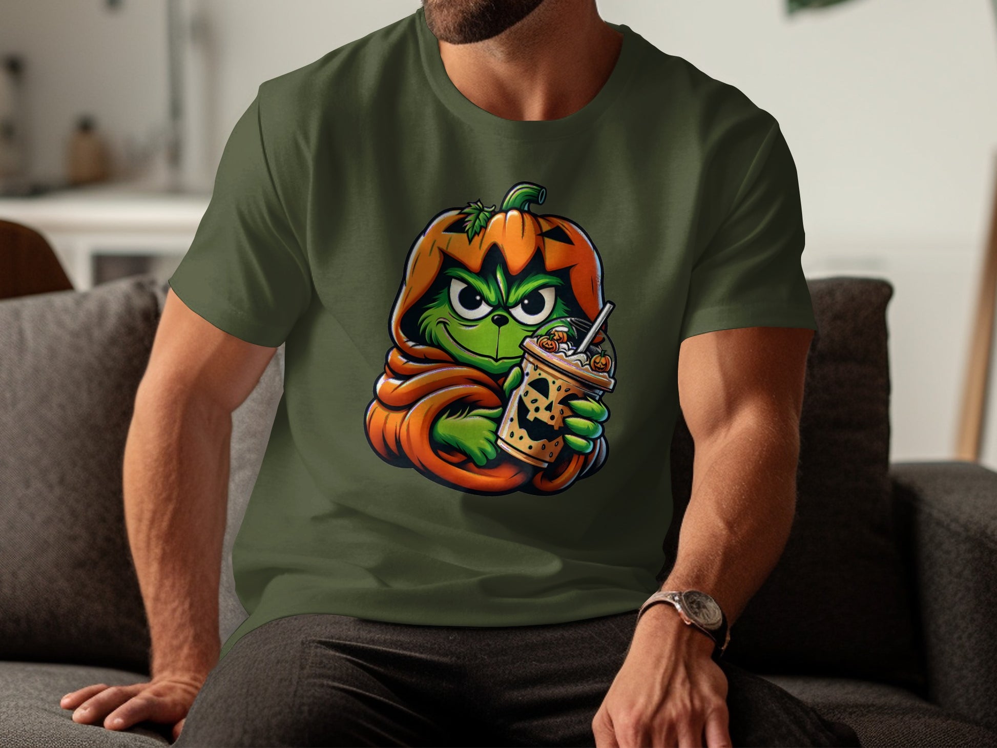 Festive Grinch Holding Pumpkin Spice Latte Shirt product