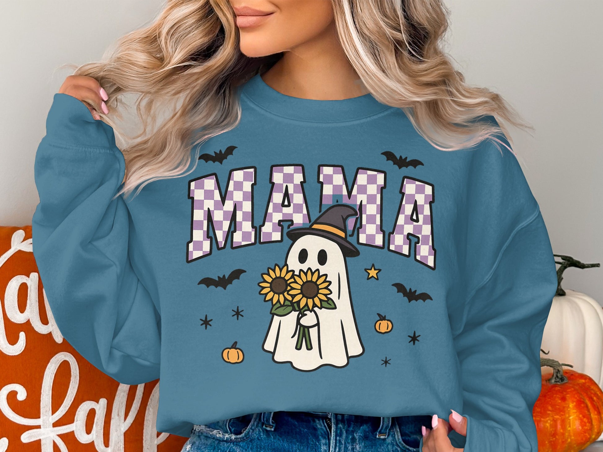 Trendy MAMA Ghost and Pumpkin Design Cozy Product Type