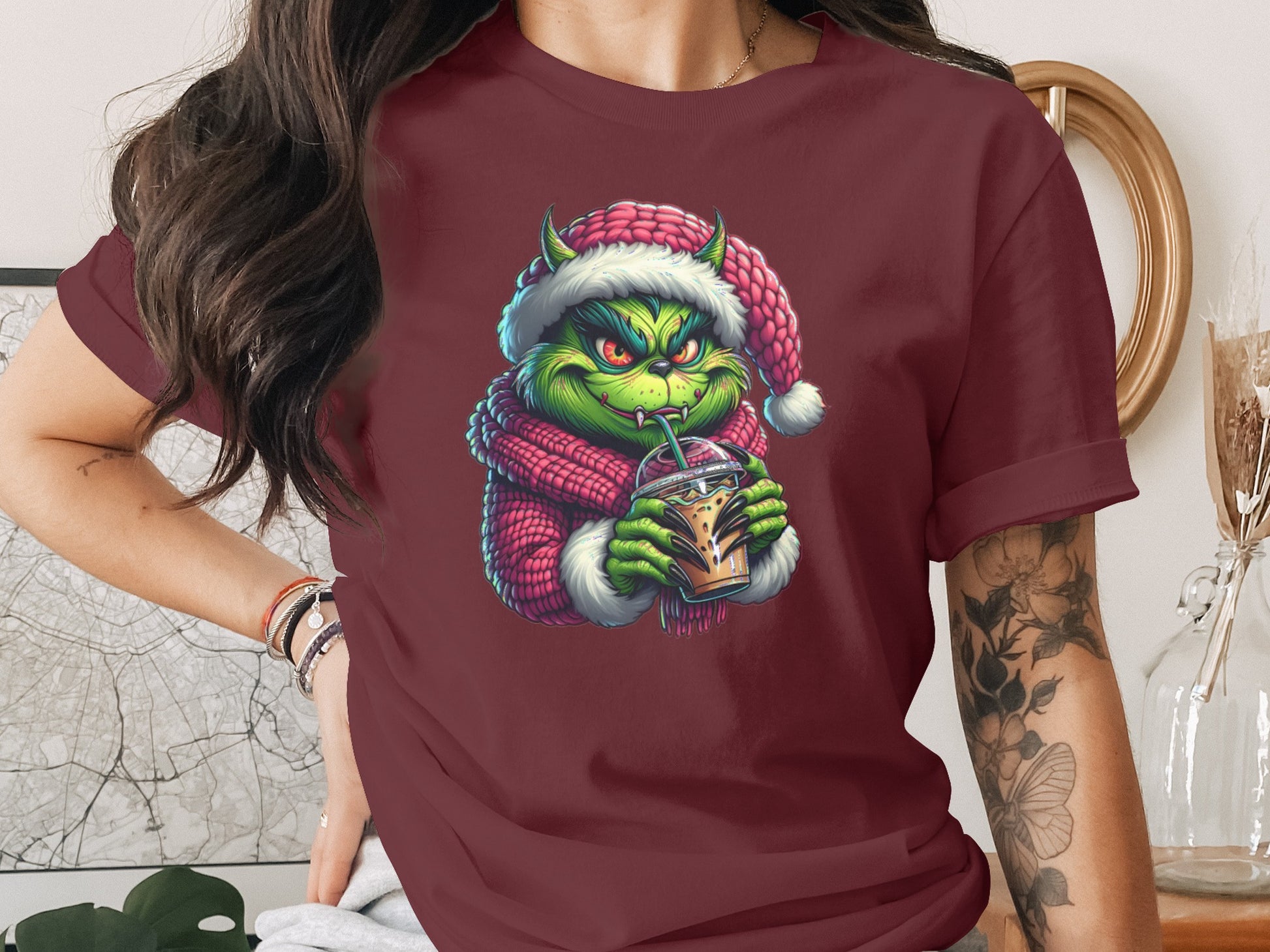 Festive Green Monster Sipping Coffee Graphic Tee product type