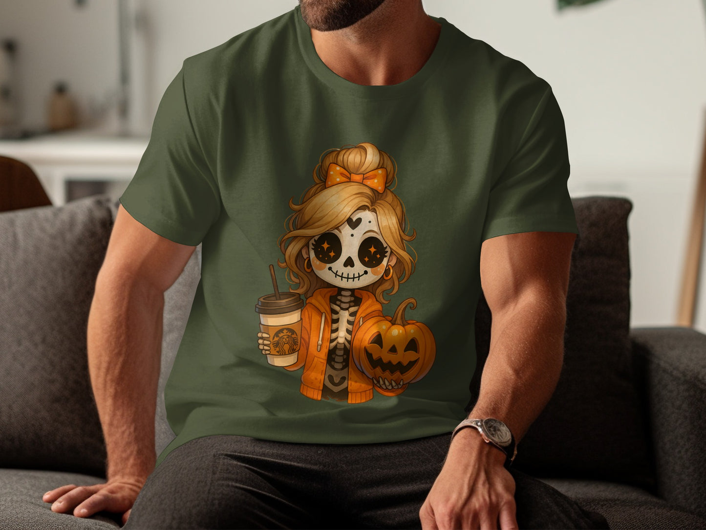Cute Skeleton Girl with Pumpkin Coffee T-Shirt product