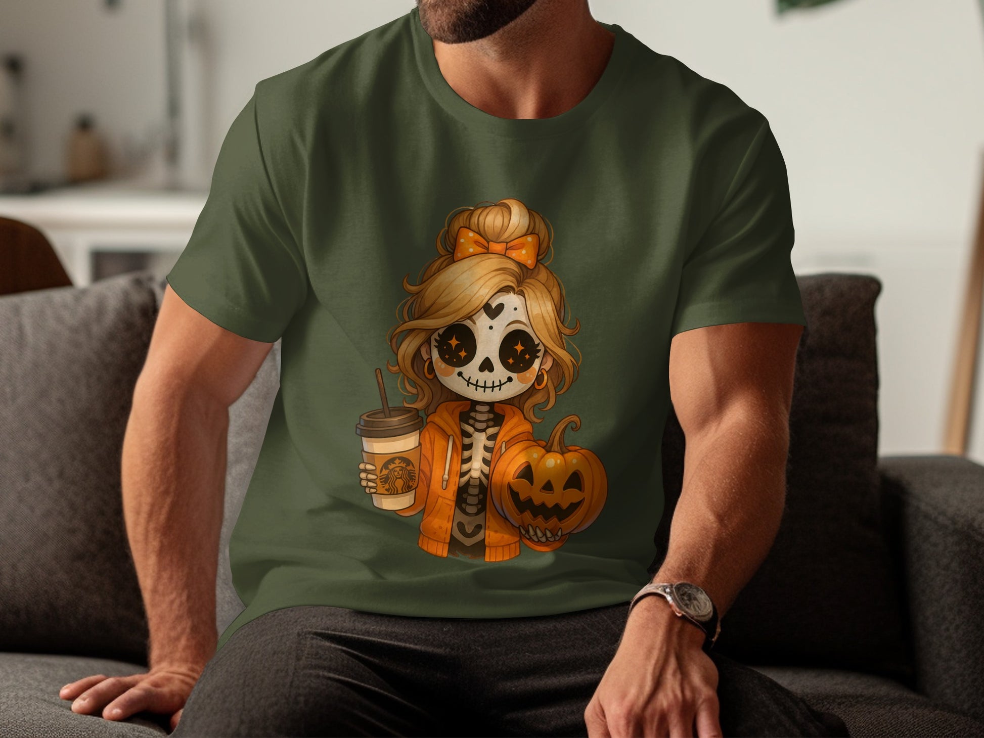 Cute Skeleton Girl with Pumpkin Coffee T-Shirt product