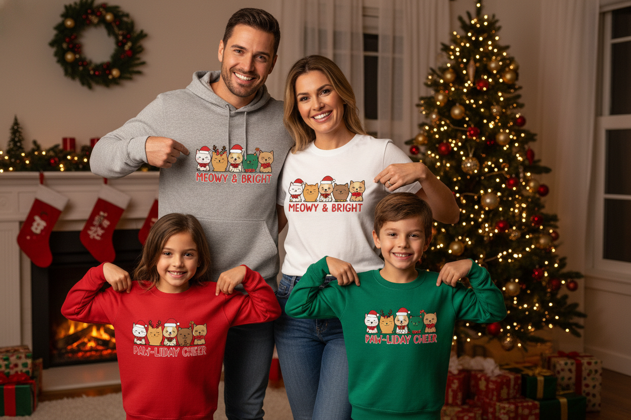 a family wearing thshirts hoodies and sweatshirts, which should look like print on demand designs (like a line-up of christmas cats or dogs). 