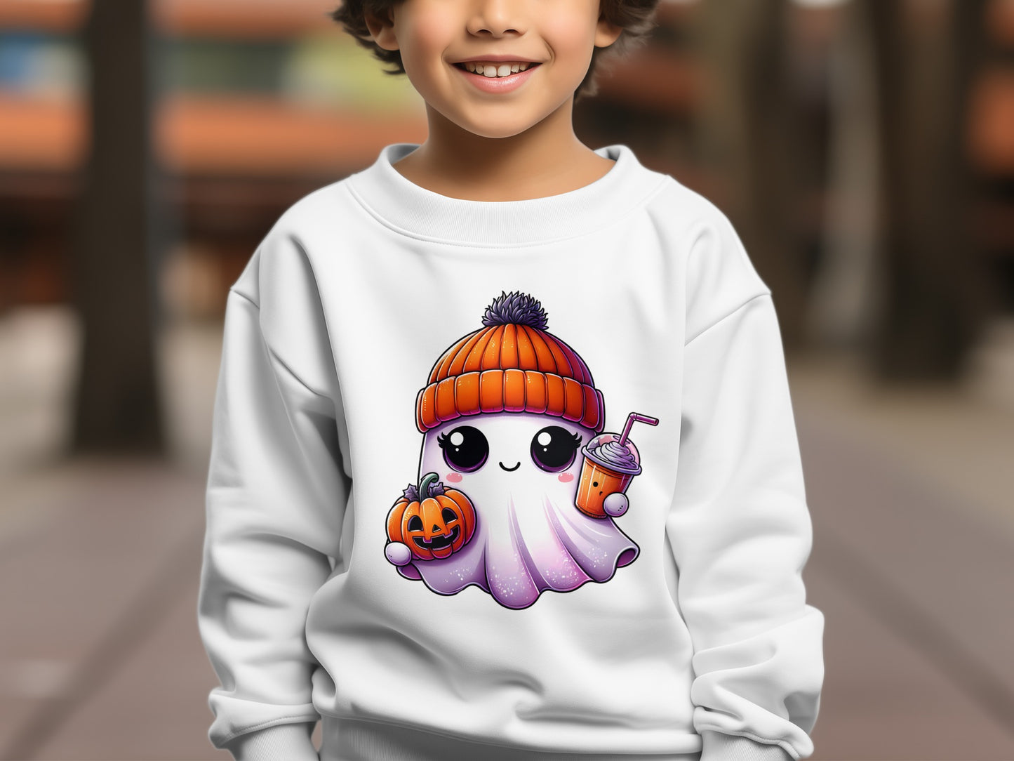 Cute Ghost with Pumpkin and Drink Sweatshirt product