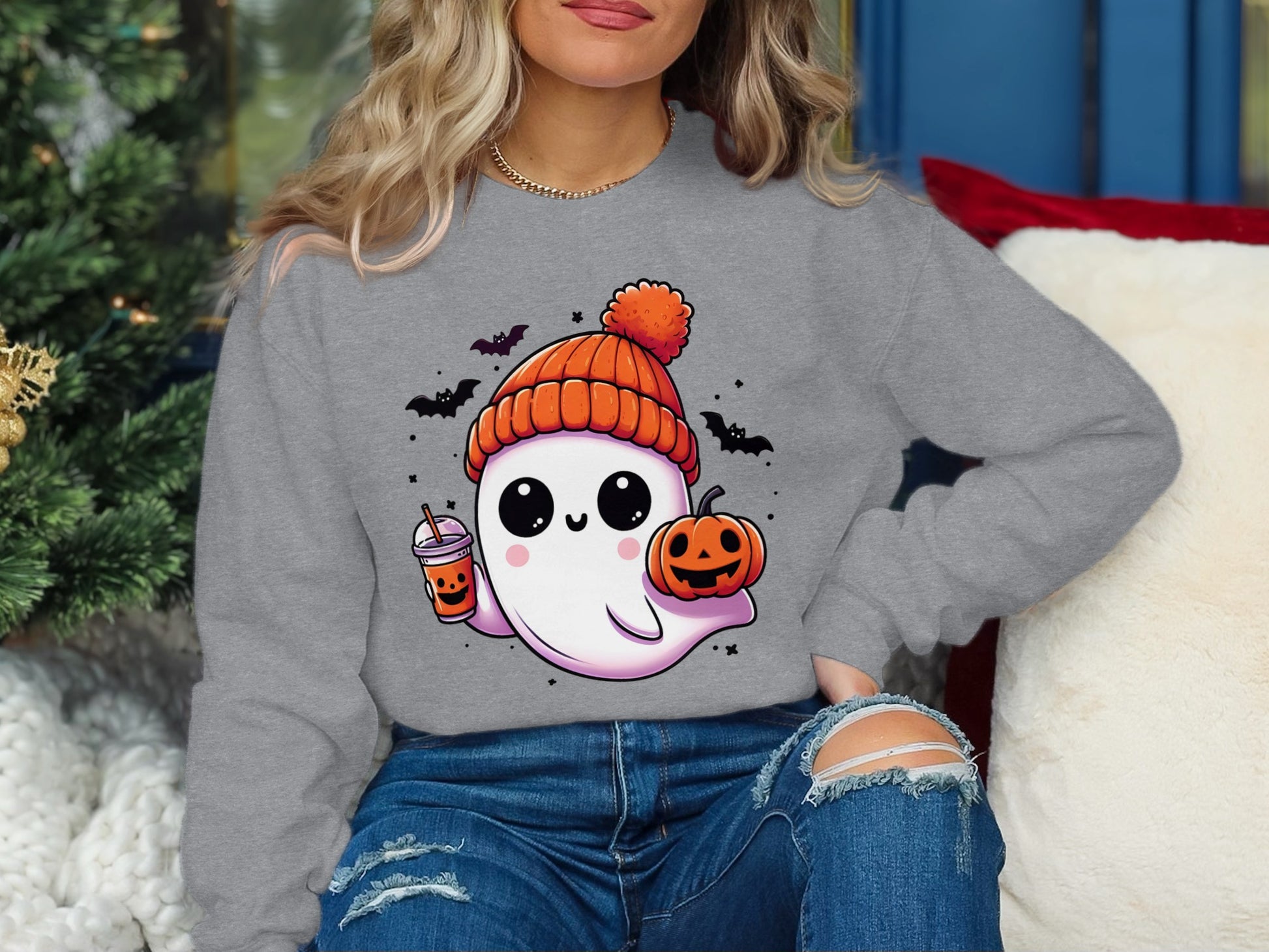 Cute Halloween Ghost Wearing Beanie Sweatshirt product type