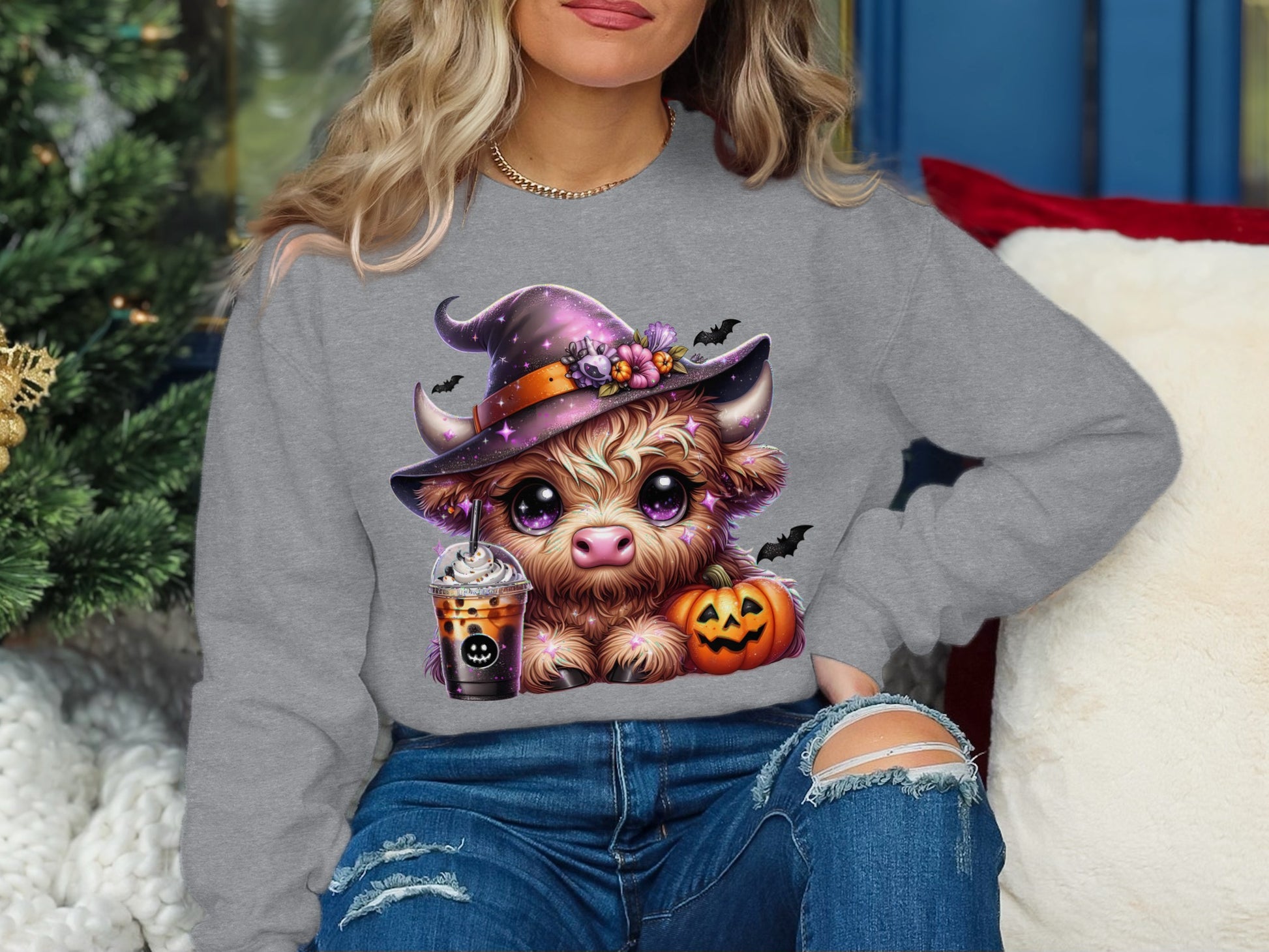 Halloween Cute Highland Cow Witch Sweatshirt product