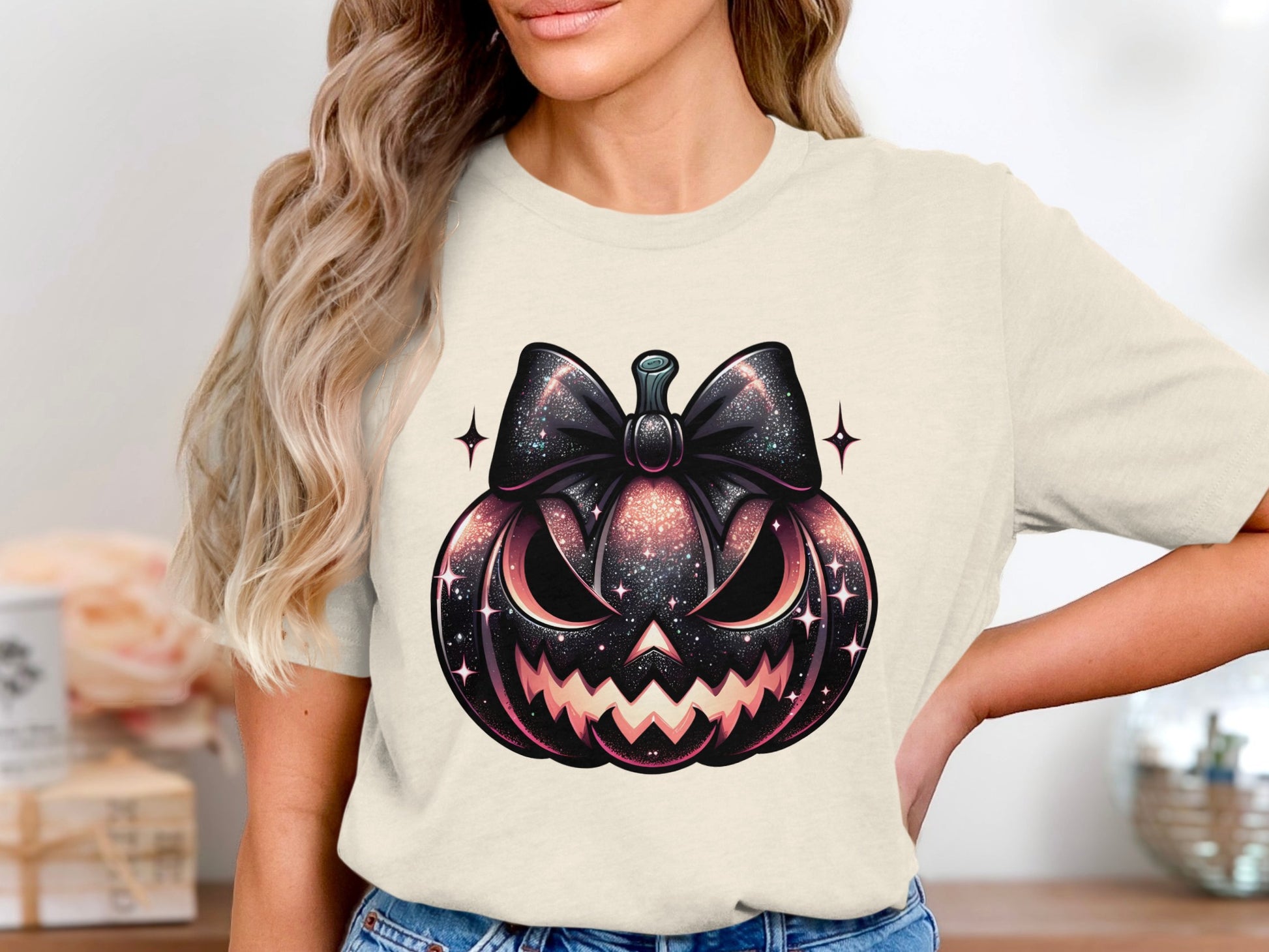 Spooky Glitter Pumpkin Bow Graphic Tee Shirt product type