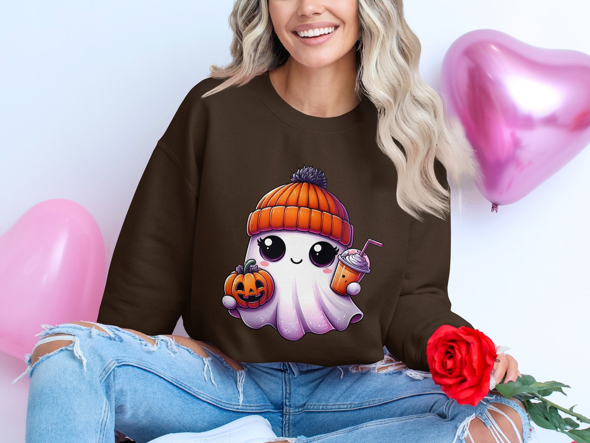 Cute Ghost with Pumpkin and Drink Sweatshirt product type