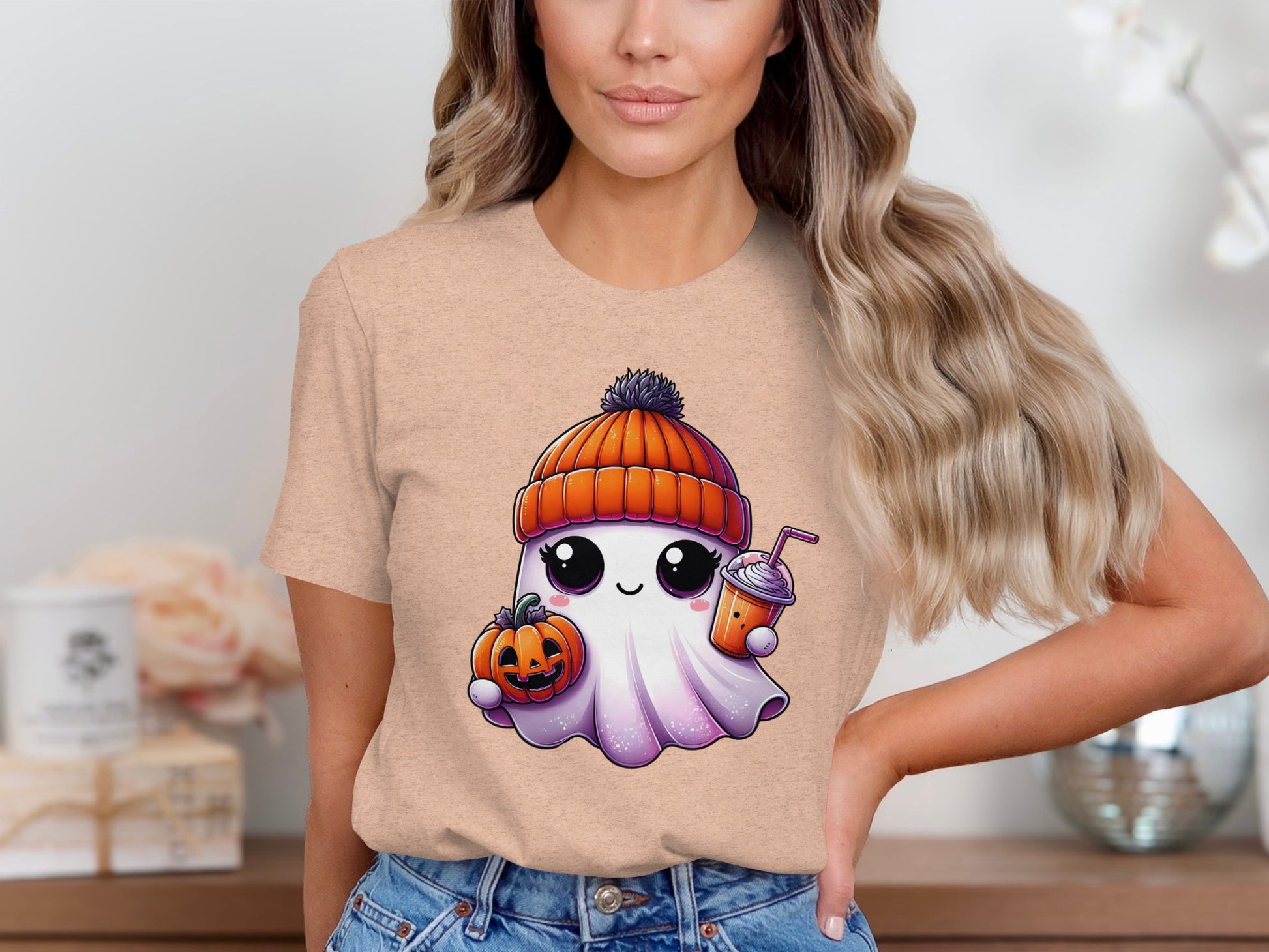 Adorable Halloween Ghost with Pumpkin and Drink T-shirt