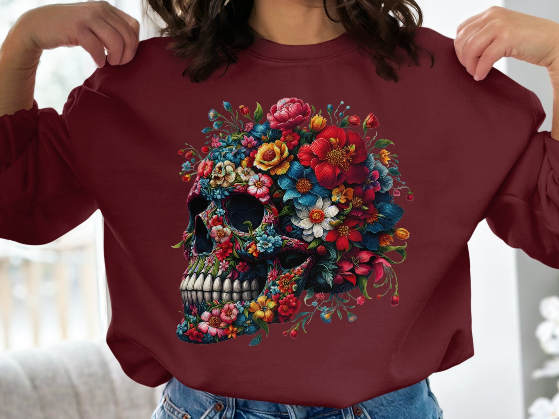 Colorful Floral Skull Design on Maroon Sweatshirt product