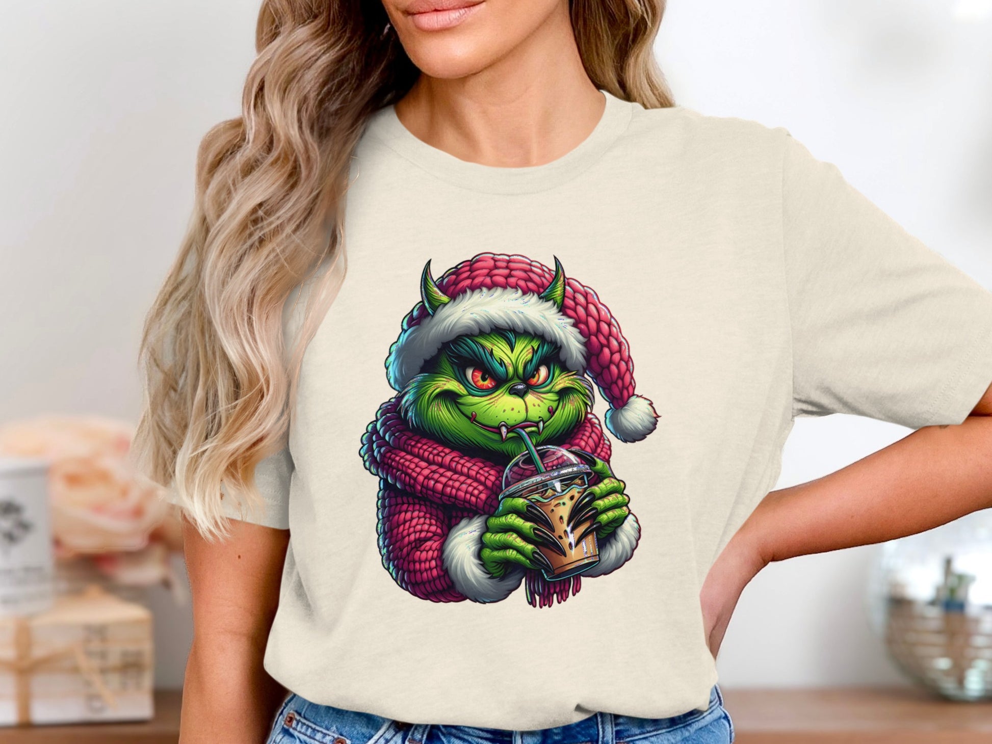 Festive Grinch Drinking Iced Coffee Graphic Shirt product