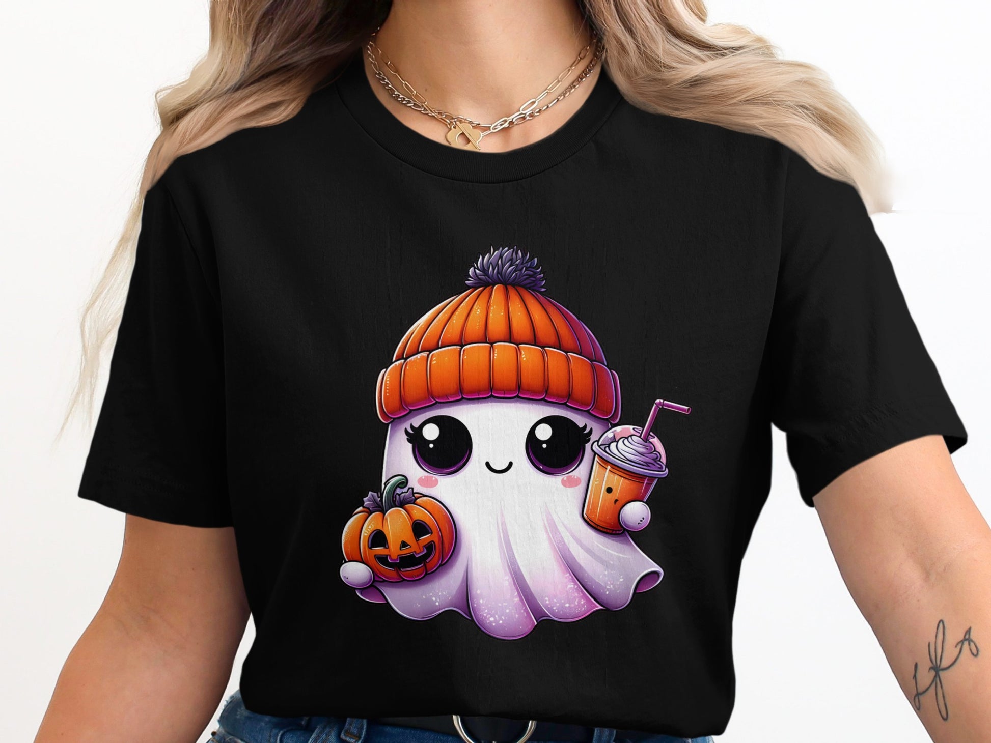 Cute Ghost with Pumpkin and Drink T-shirt product