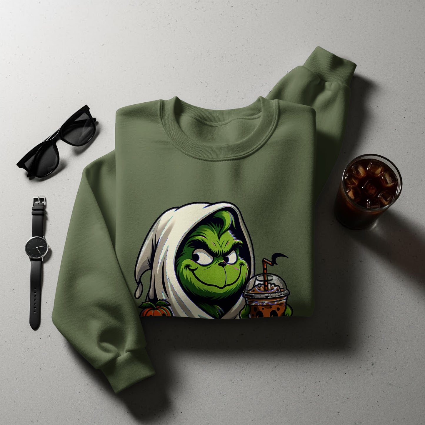 Animated Green Creature with Coffee Cup Sweatshirt Product