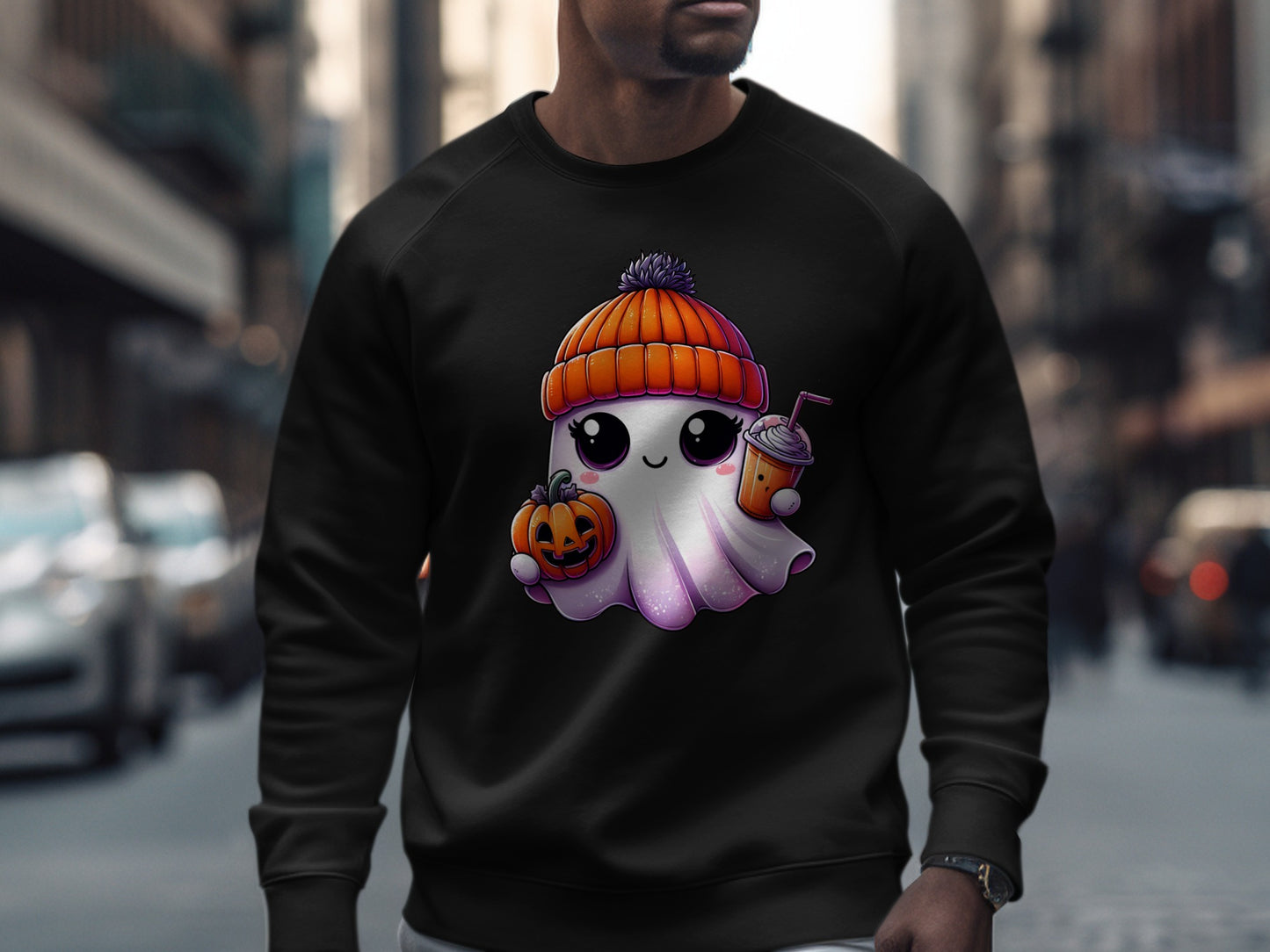 Cute Ghost with Pumpkin and Drink Autumn Sweatshirt Product Type