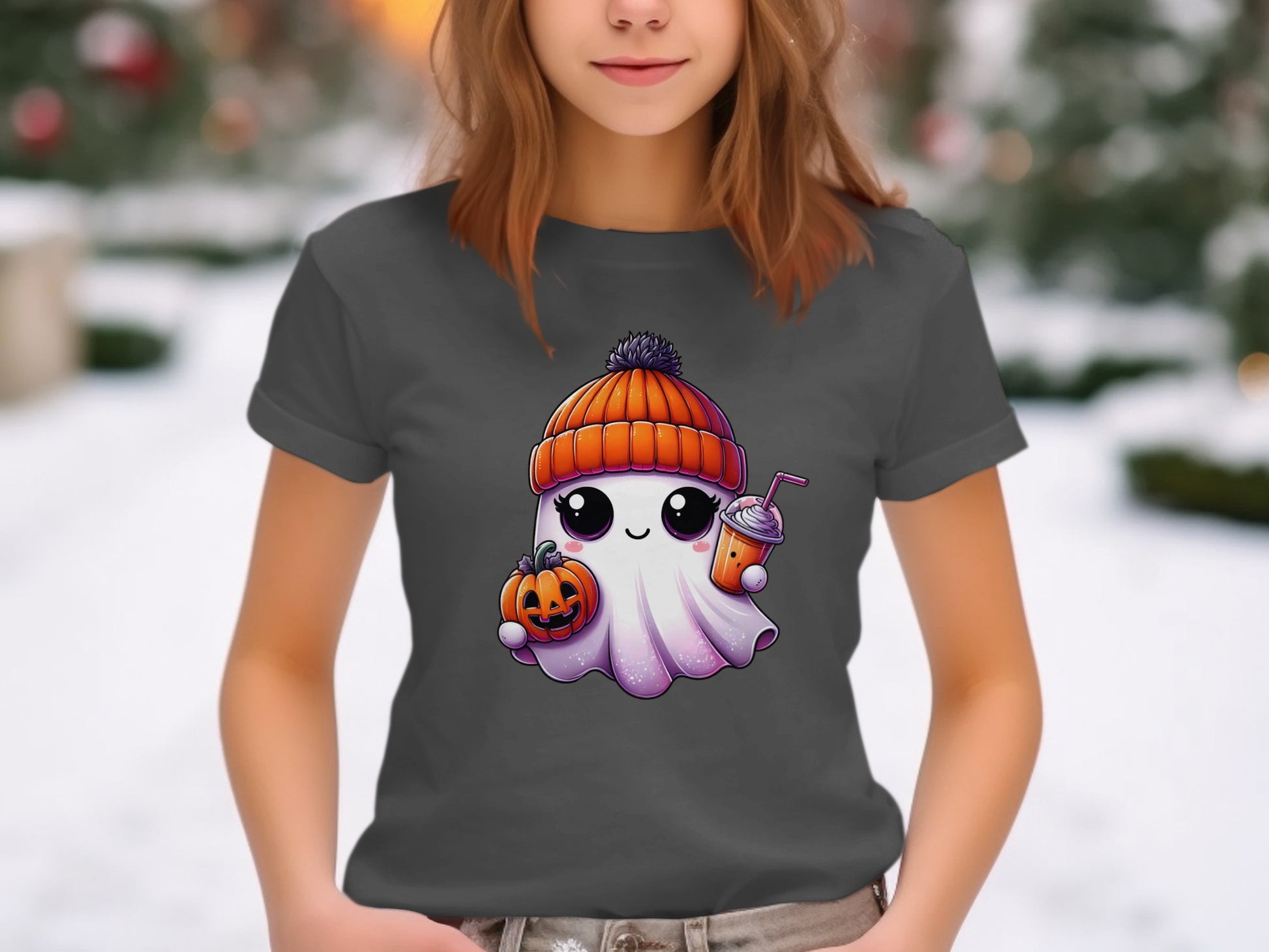 Cute Ghost with Pumpkin and Drink T-Shirt product