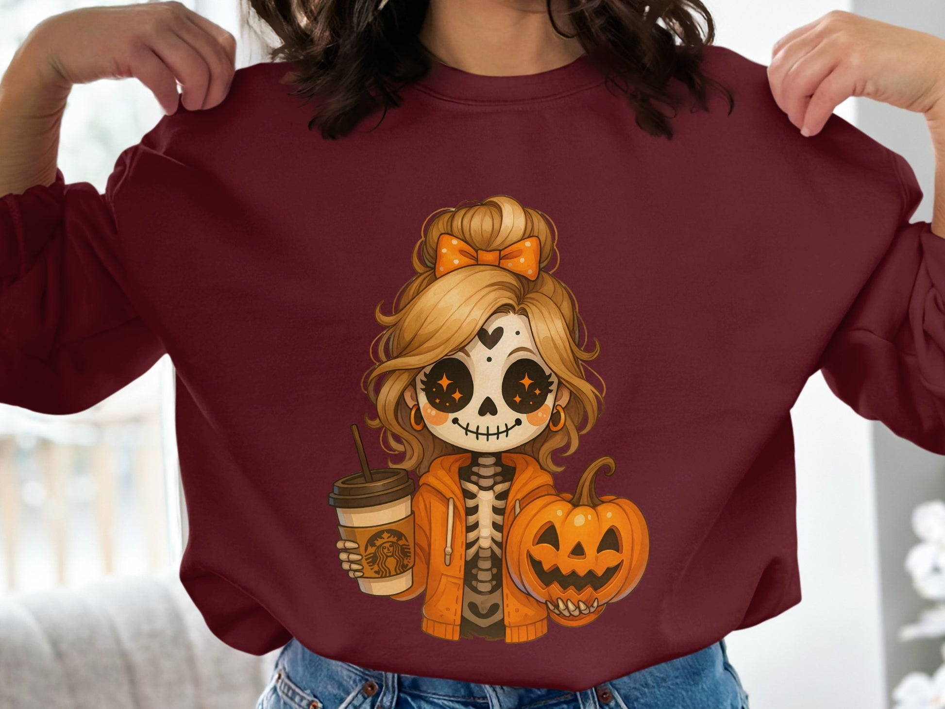 Halloween Girl with Coffee and Pumpkin Sweatshirt product