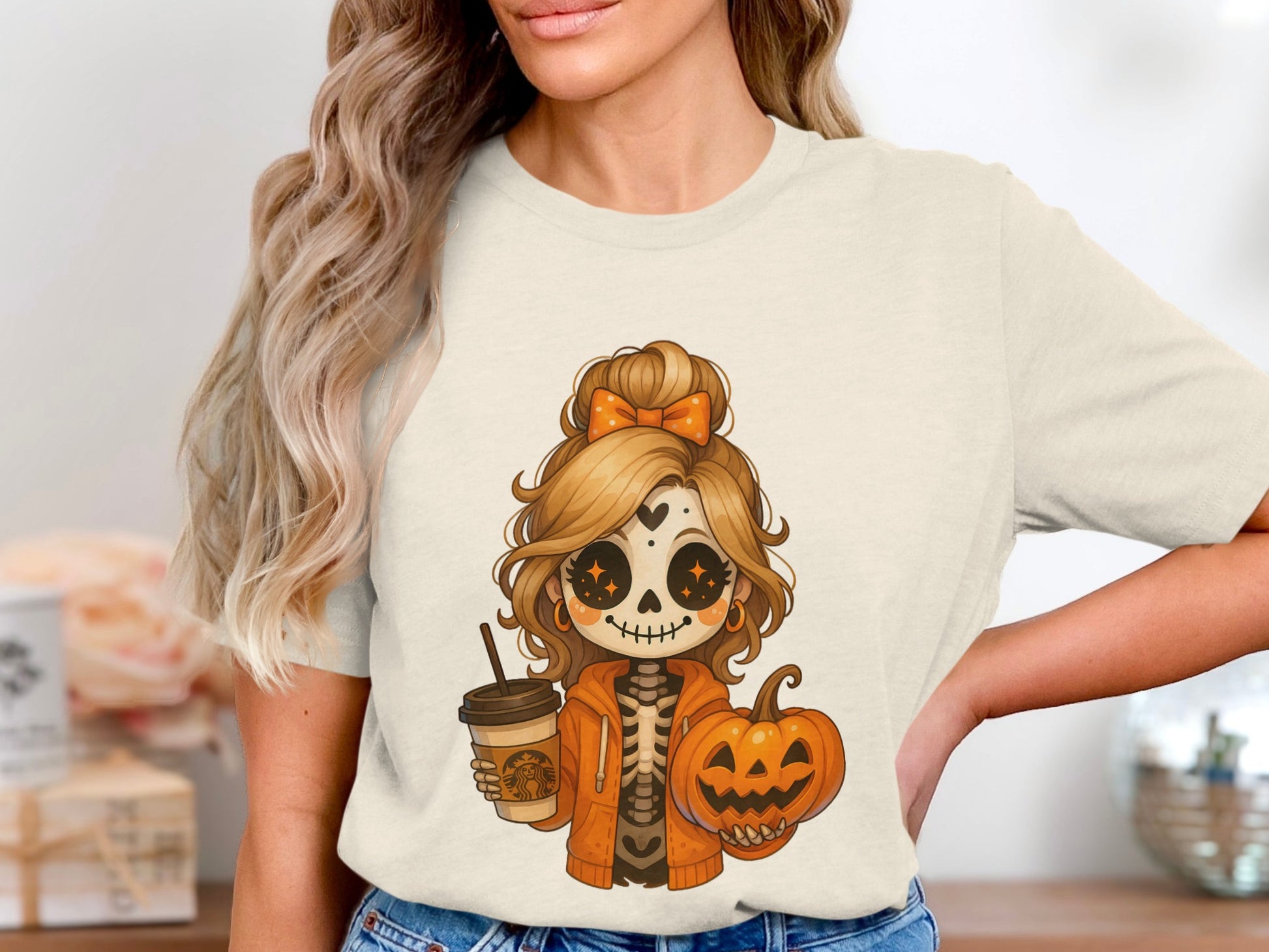 Cute Halloween Girl Holding Coffee and Pumpkin product