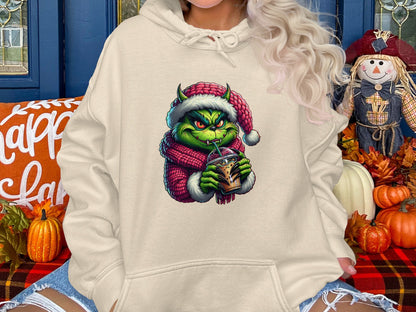 Grinch Drinking Coffee Christmas Themed Hoodie product