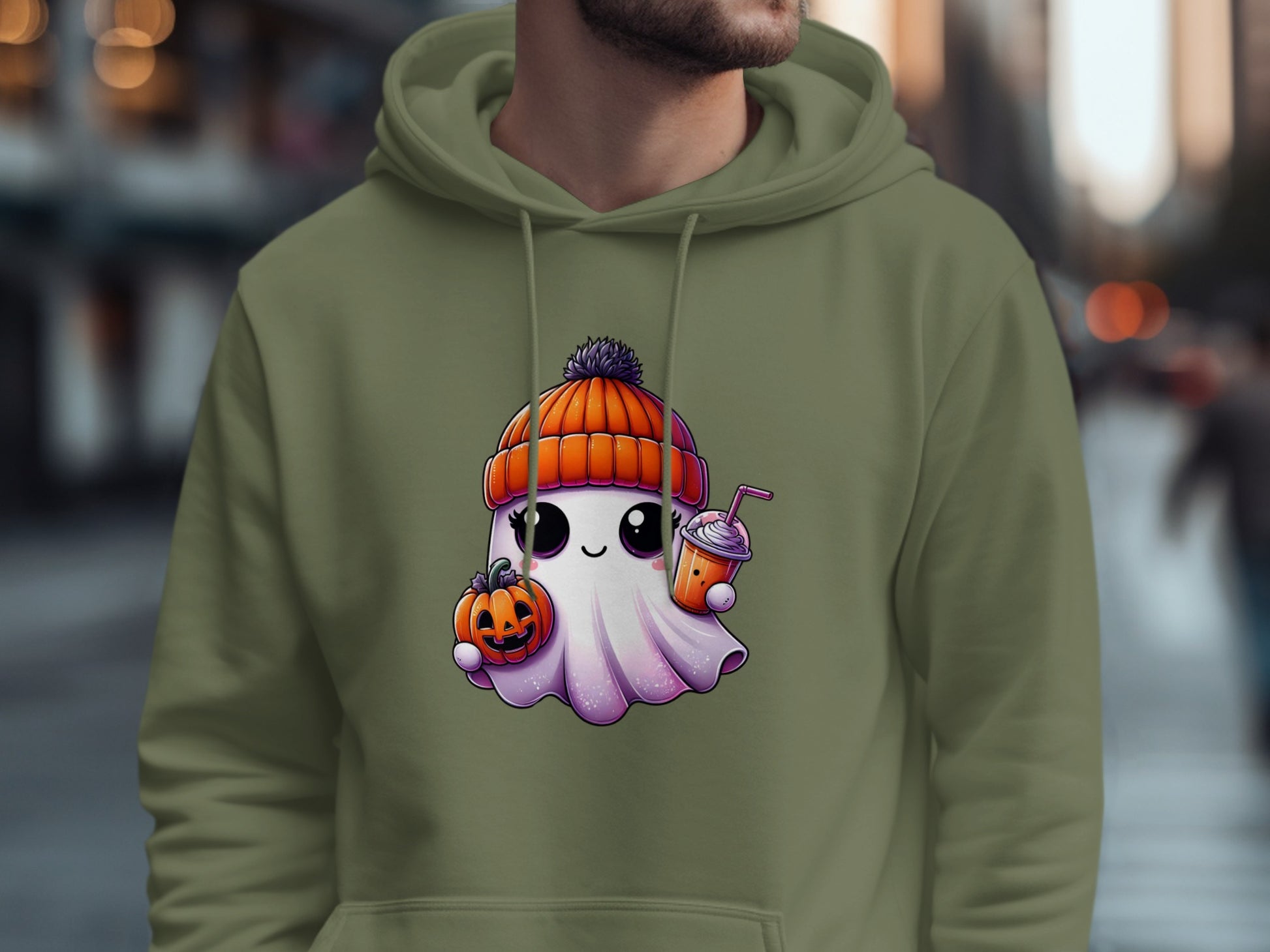 Cute Ghost with Pumpkin and Drink Hoodie product type