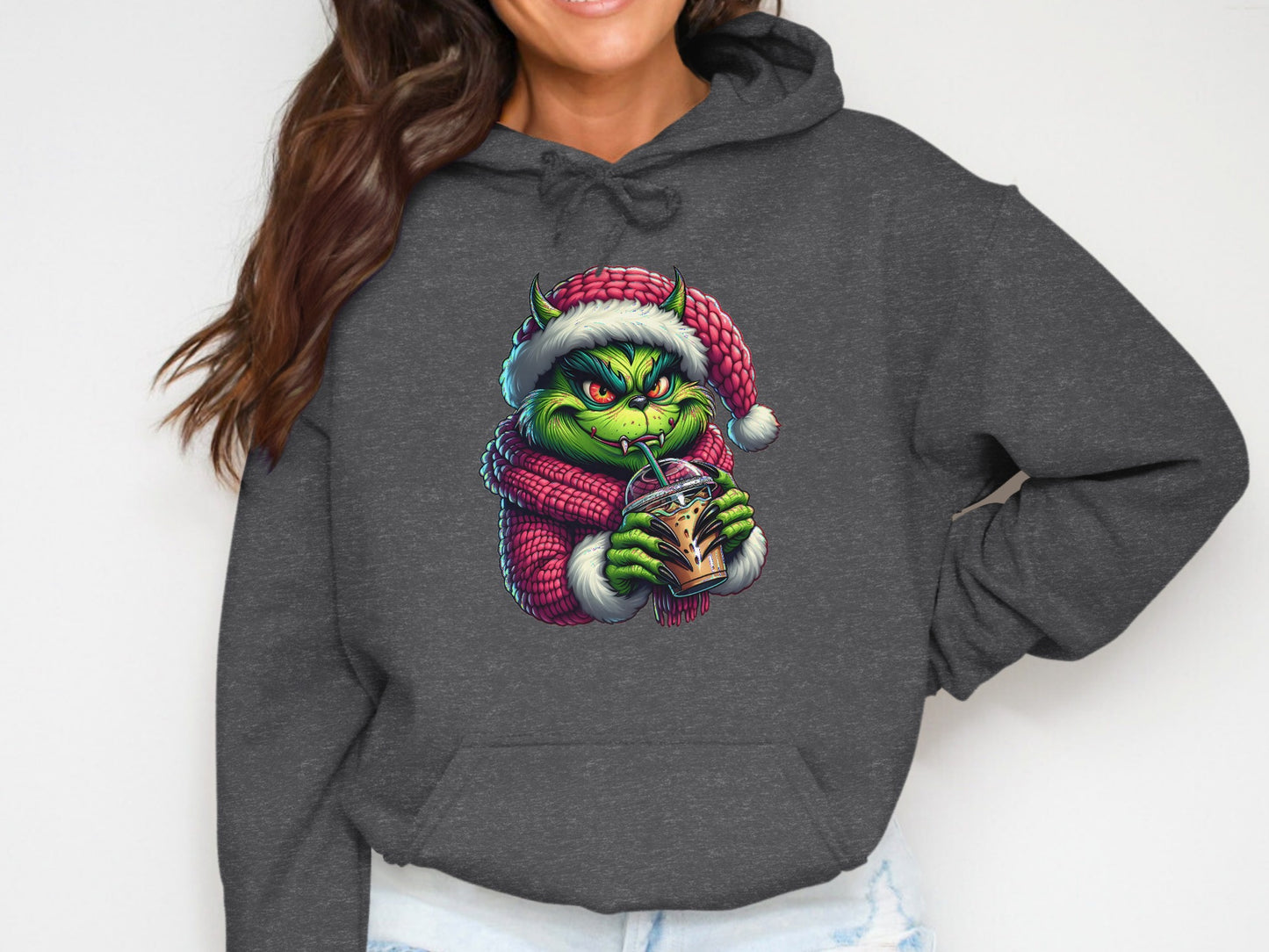 Grinch Wearing Santa Hat Drinking Coffee Hoodie product