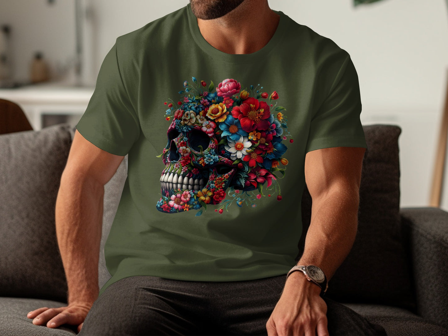 Colorful Floral Skull Graphic on Olive T-Shirt product