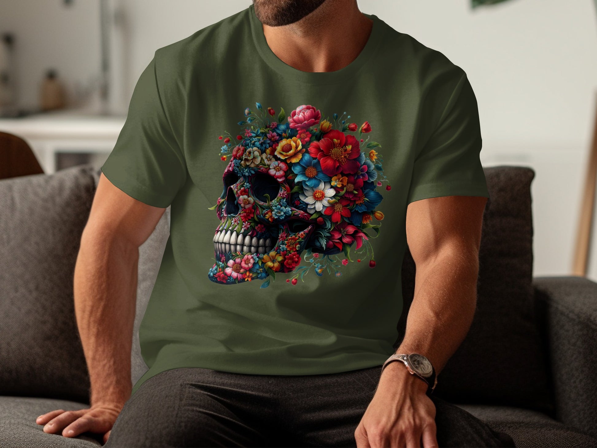 Colorful Floral Skull Graphic on Olive T-Shirt product