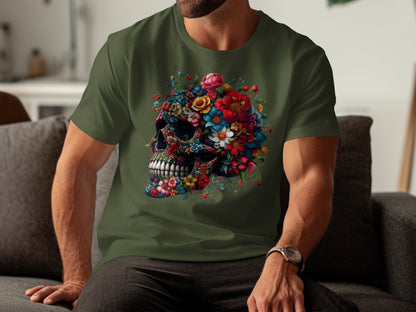 Colorful Floral Skull Graphic on Olive T-Shirt product