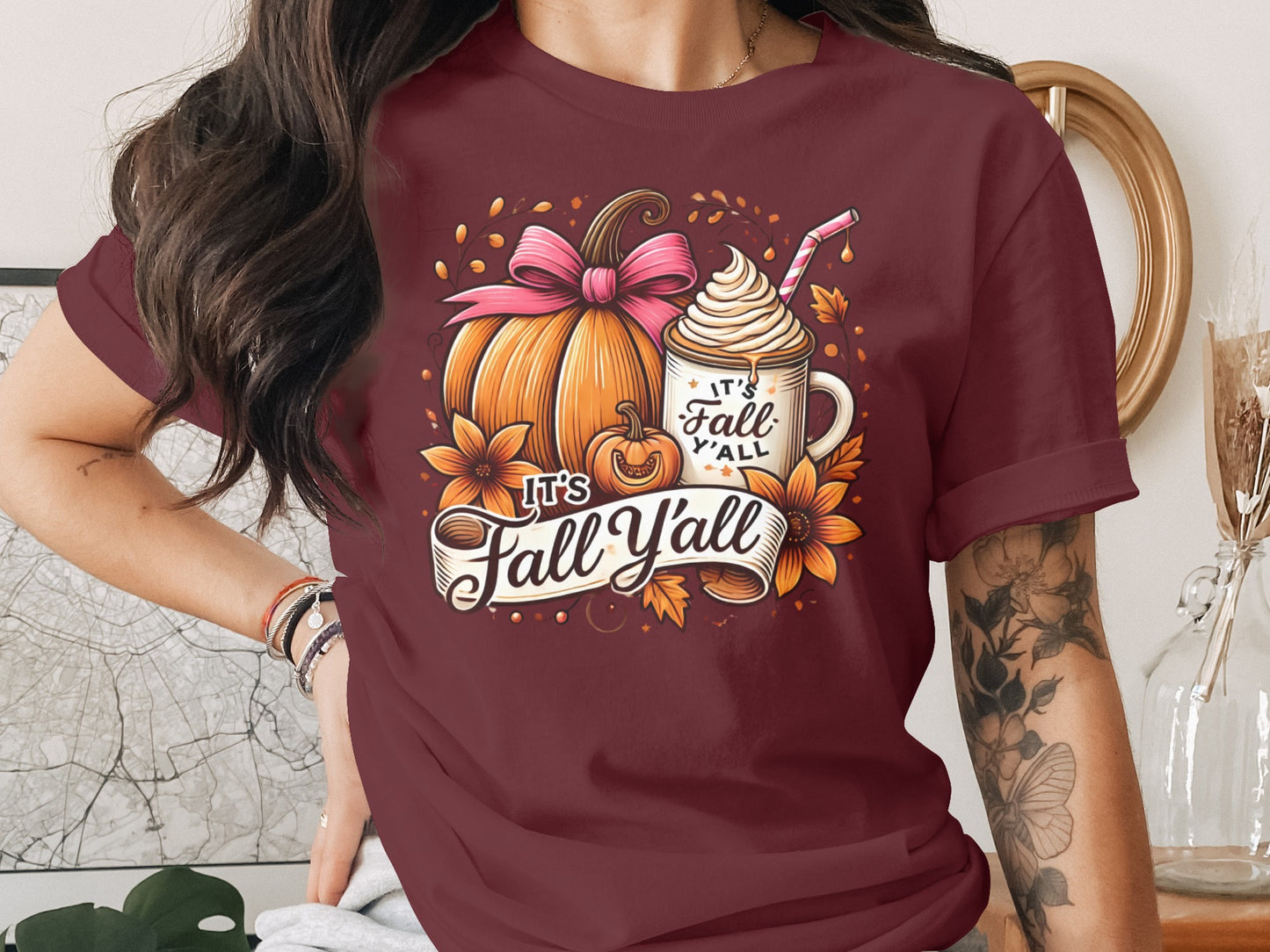 It's Fall Y'all Pumpkin and Coffee Design Shirt product