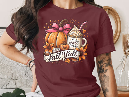 It's Fall Y'all Pumpkin and Coffee Design Shirt product