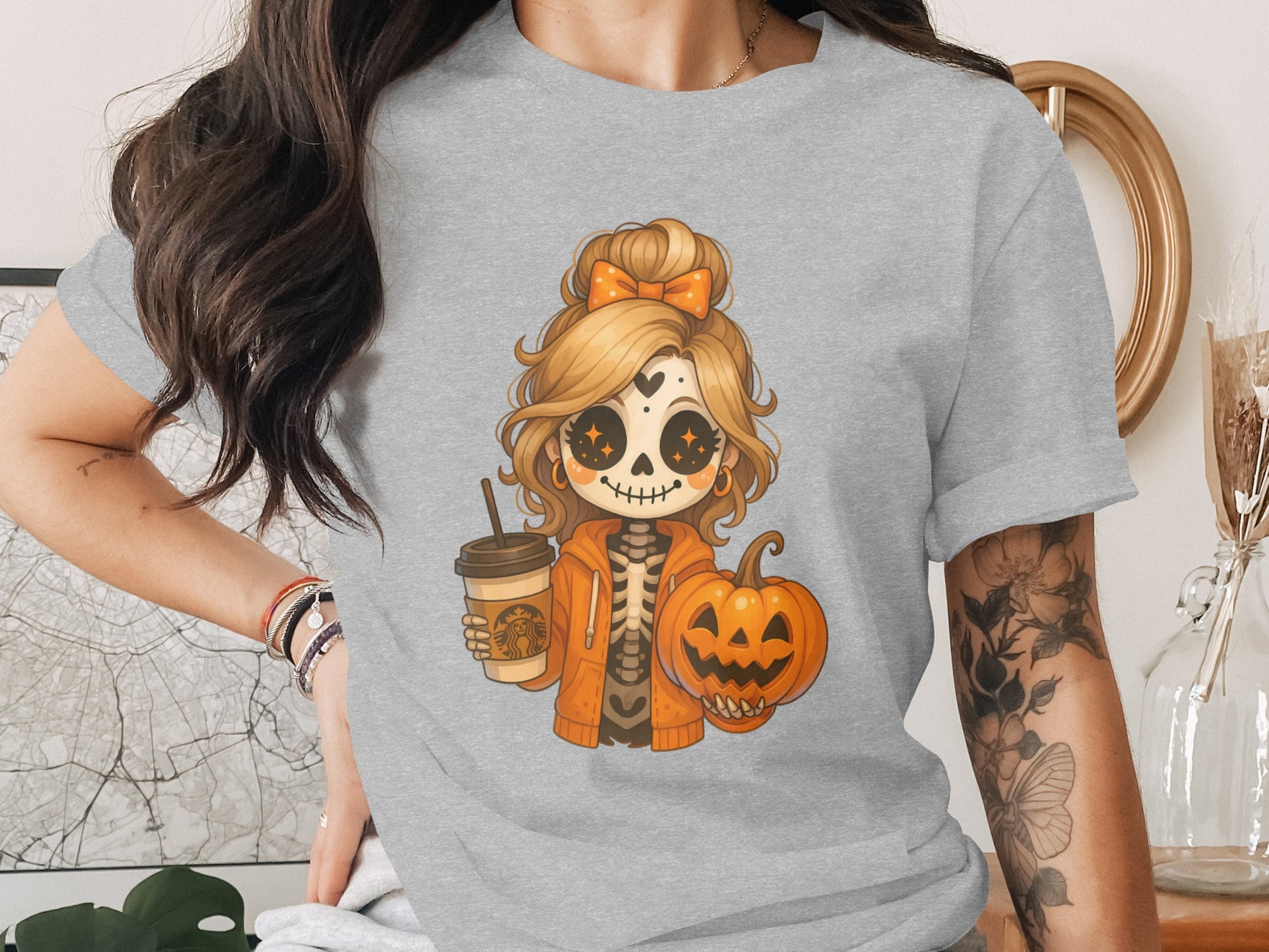 Cute Skeleton Girl with Halloween Pumpkin T-shirt product