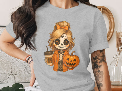 Cute Skeleton Girl with Halloween Pumpkin T-shirt product