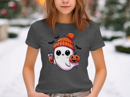 Cute Ghost with Pumpkin Hat and Drink T-shirt product