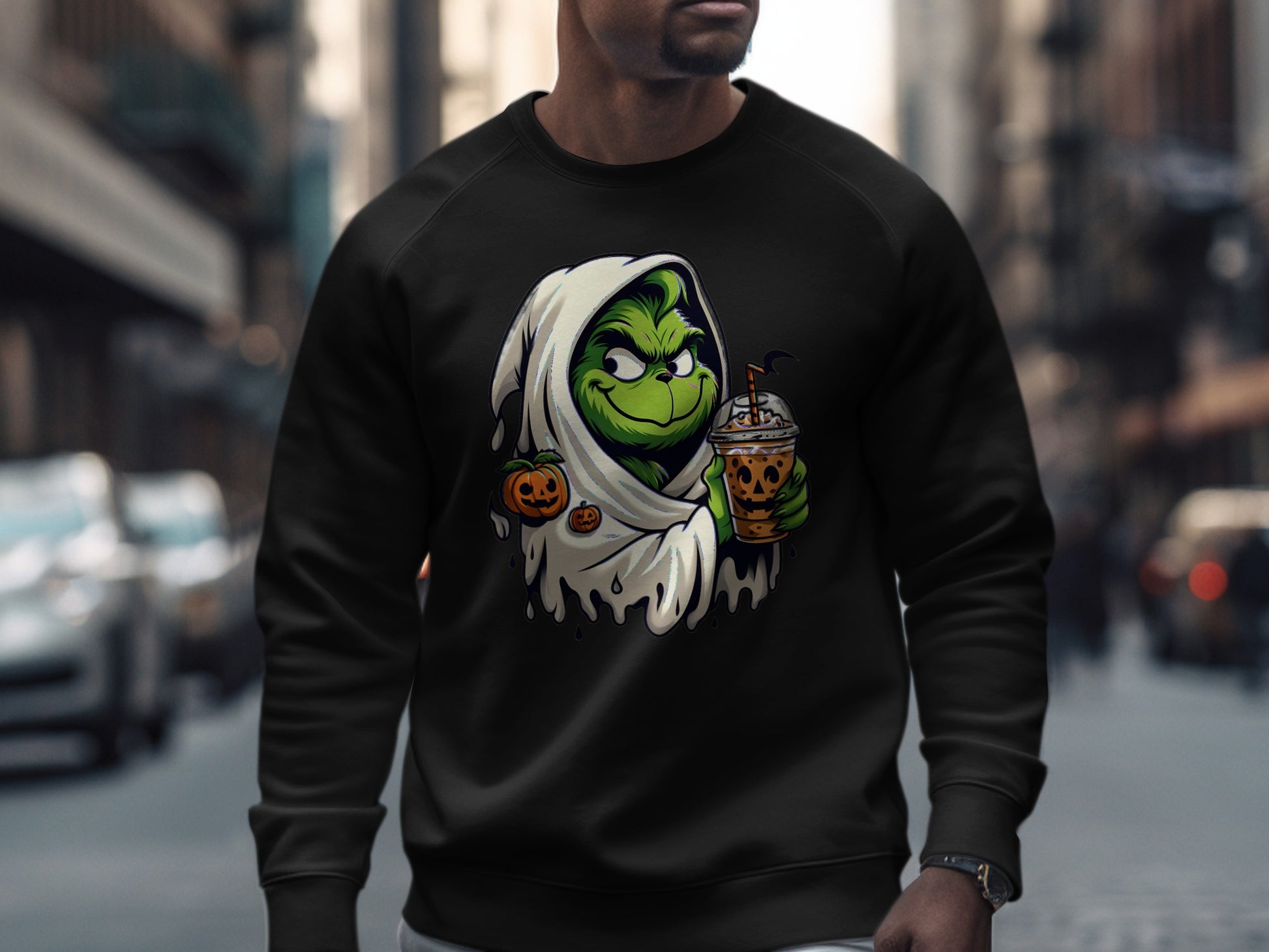 Spooky Grinch Holding Pumpkin Milkshake Sweatshirt Product