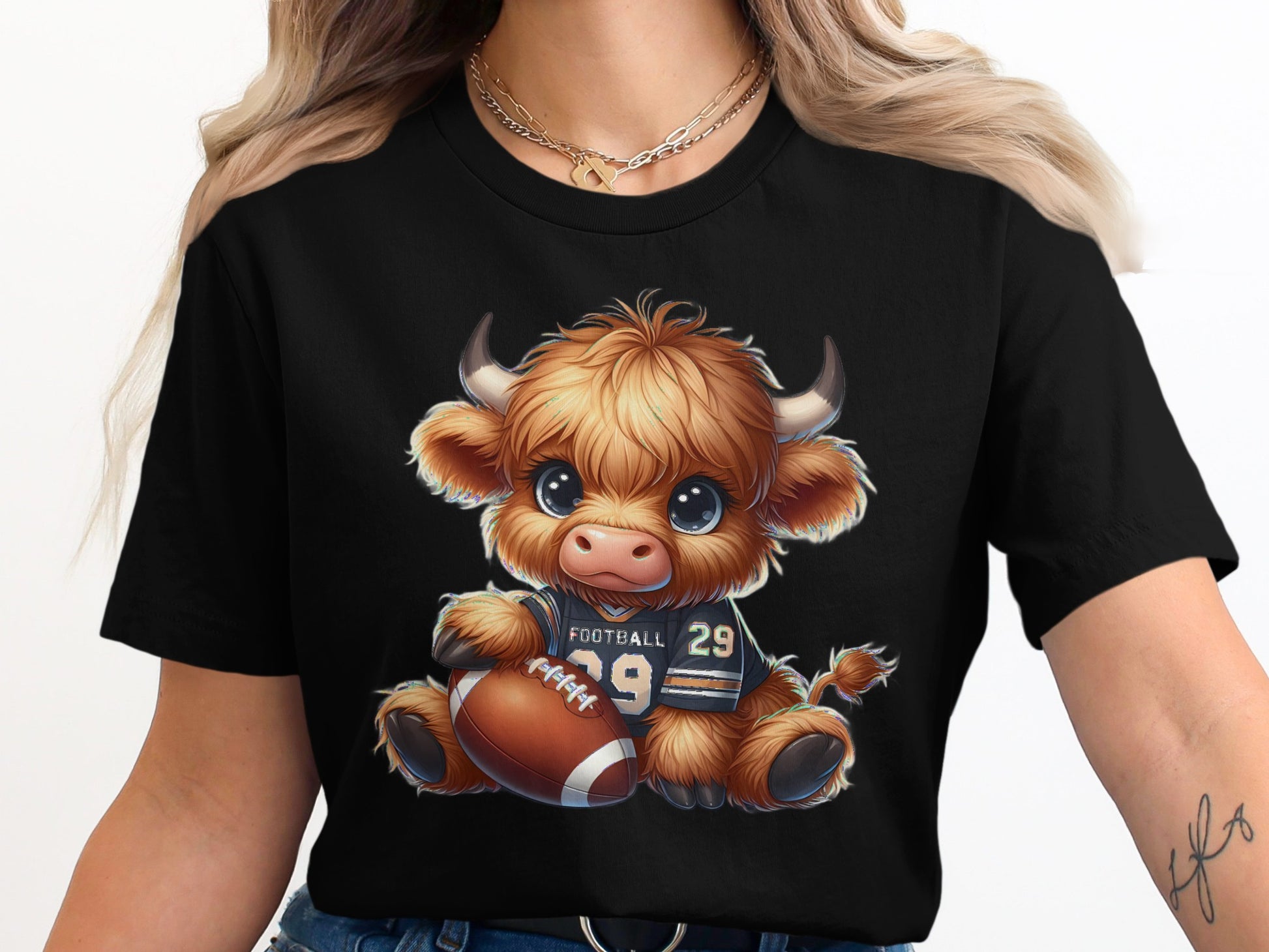 Cute Highland Cow Cartoon Football Graphic T-shirt product