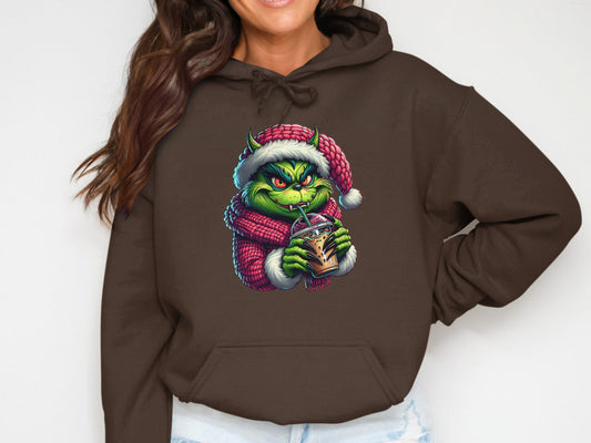 Green Grinch Drinking Hot Beverage Brown Hoodie product type