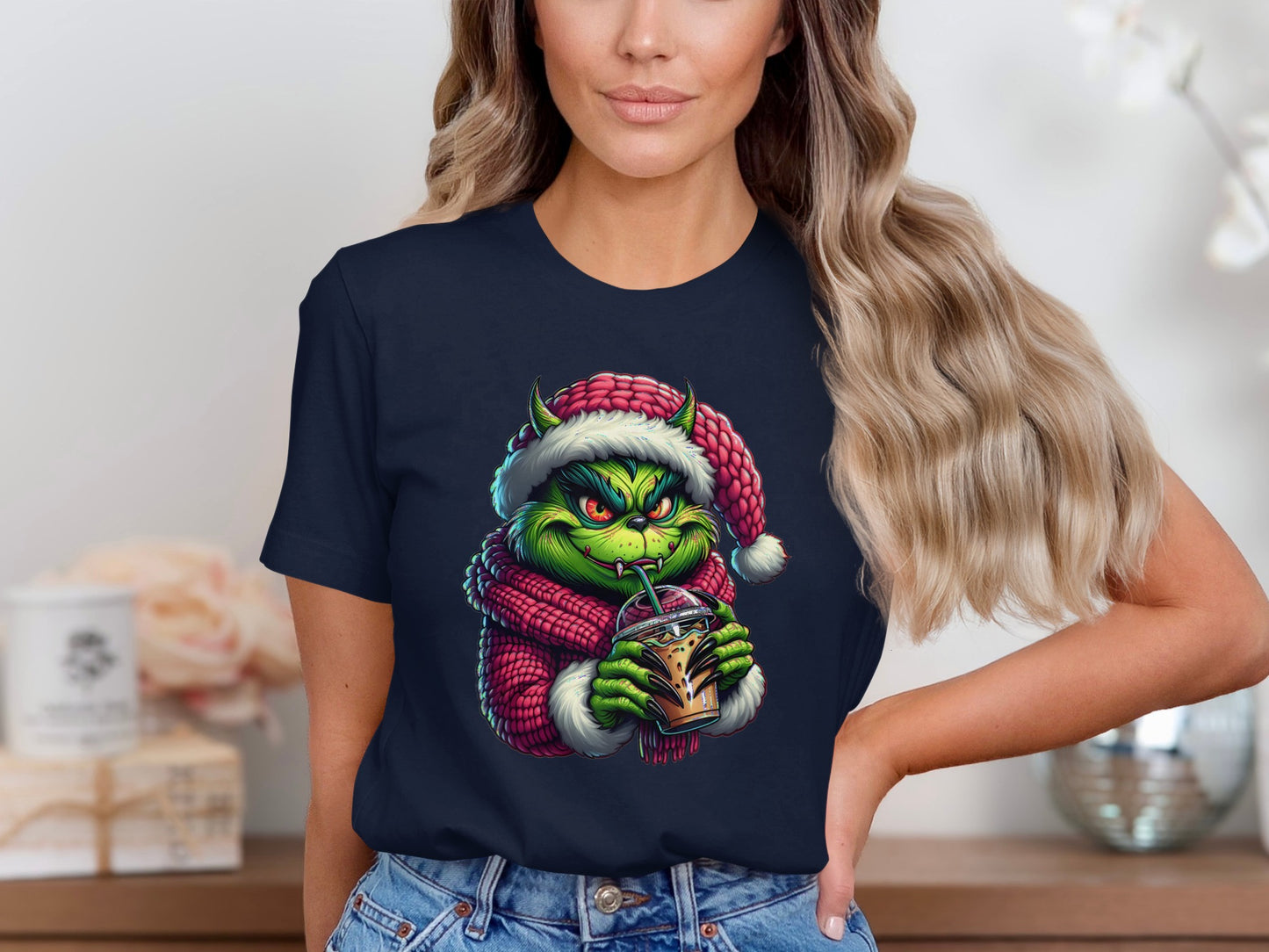Grinch Christmas Santa Hat Holding a Coffee T-Shirt product