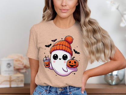 Adorable Ghost Holding Pumpkin Beanie Halloween T-Shirt